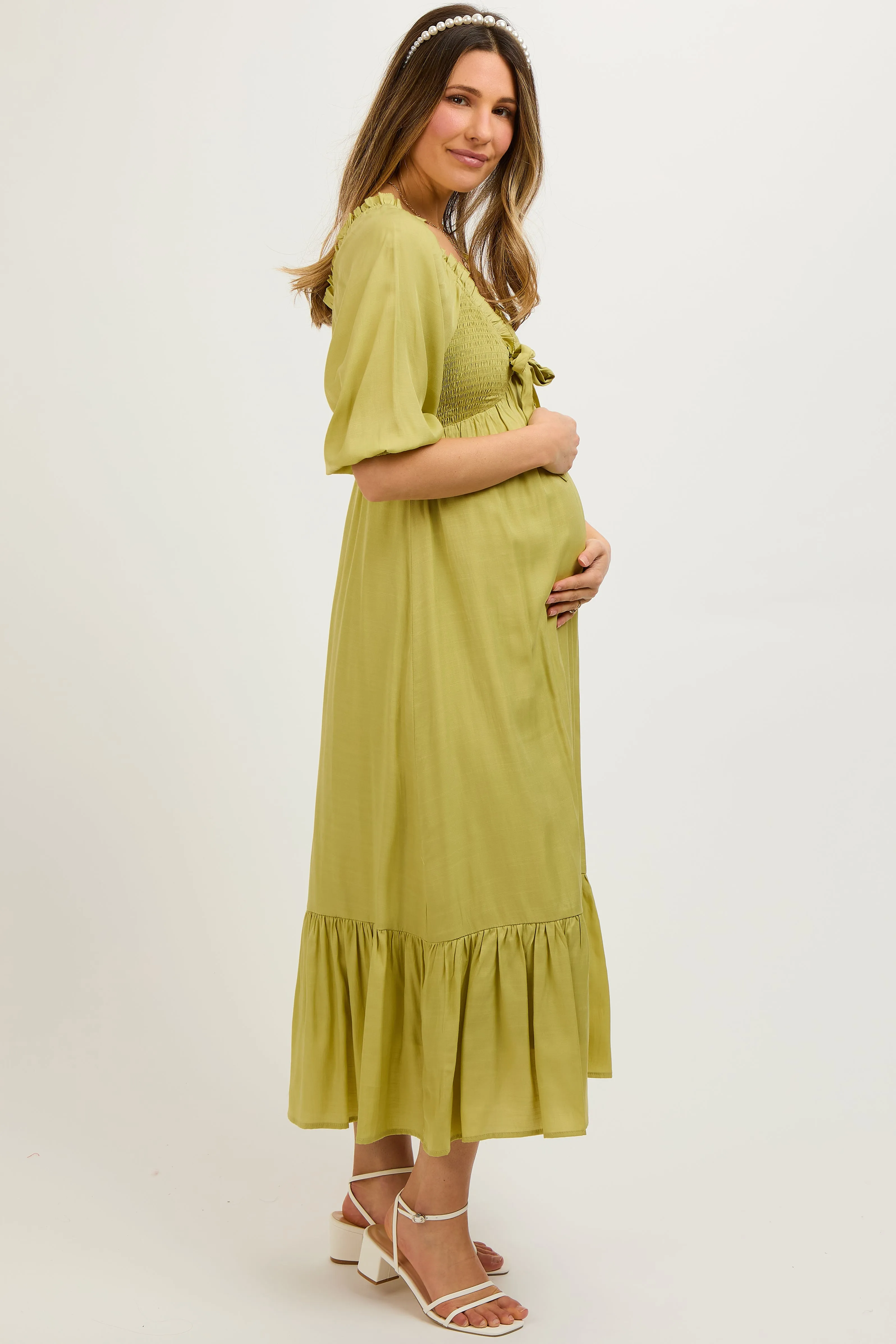 Light Olive Smocked Front Tie Maternity Midi Dress sold by Pinkblush product image thumbnail 3