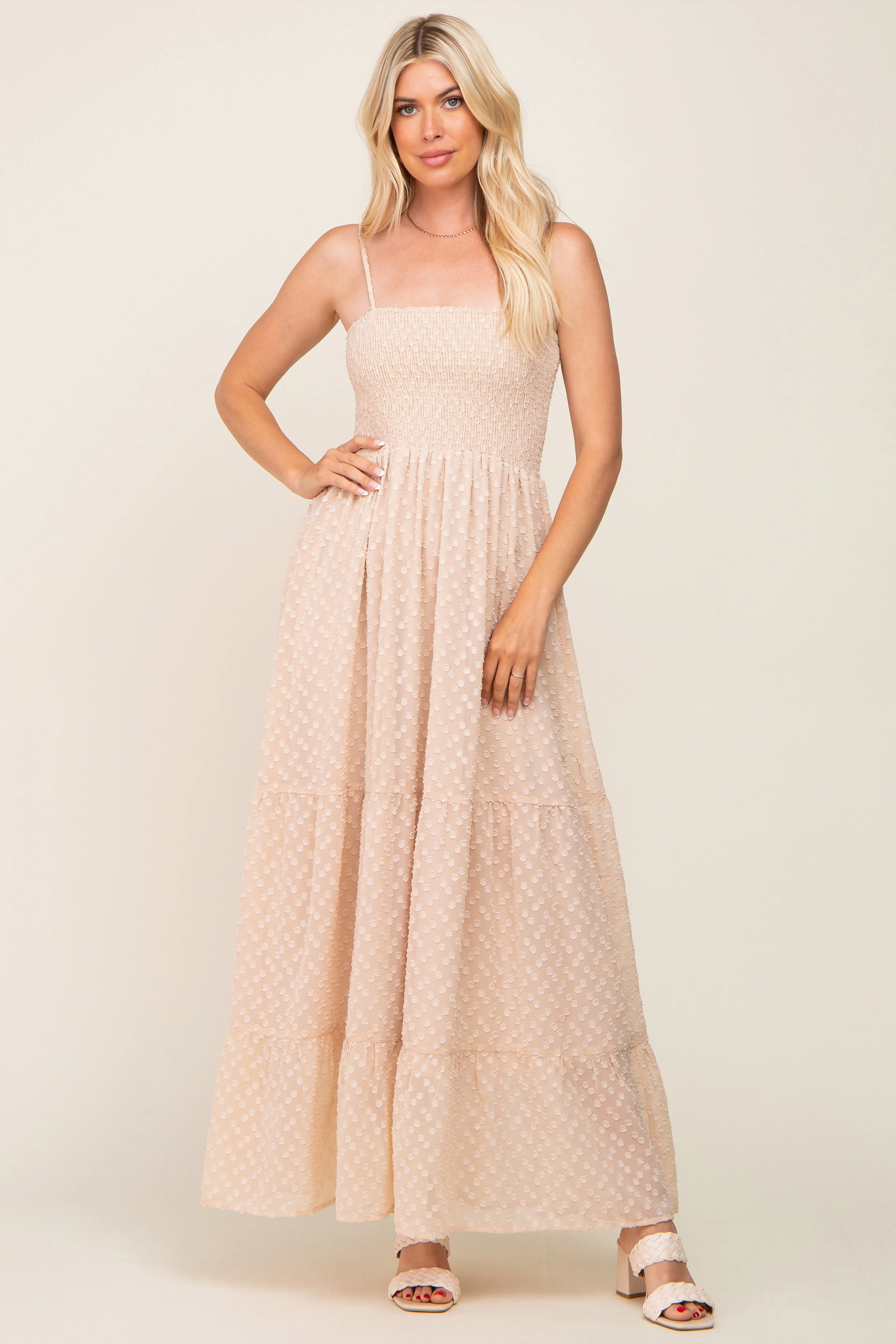 Beige Textured Dot Chiffon Sleeveless Maternity Maxi Dress sold by Pinkblush product image thumbnail 3