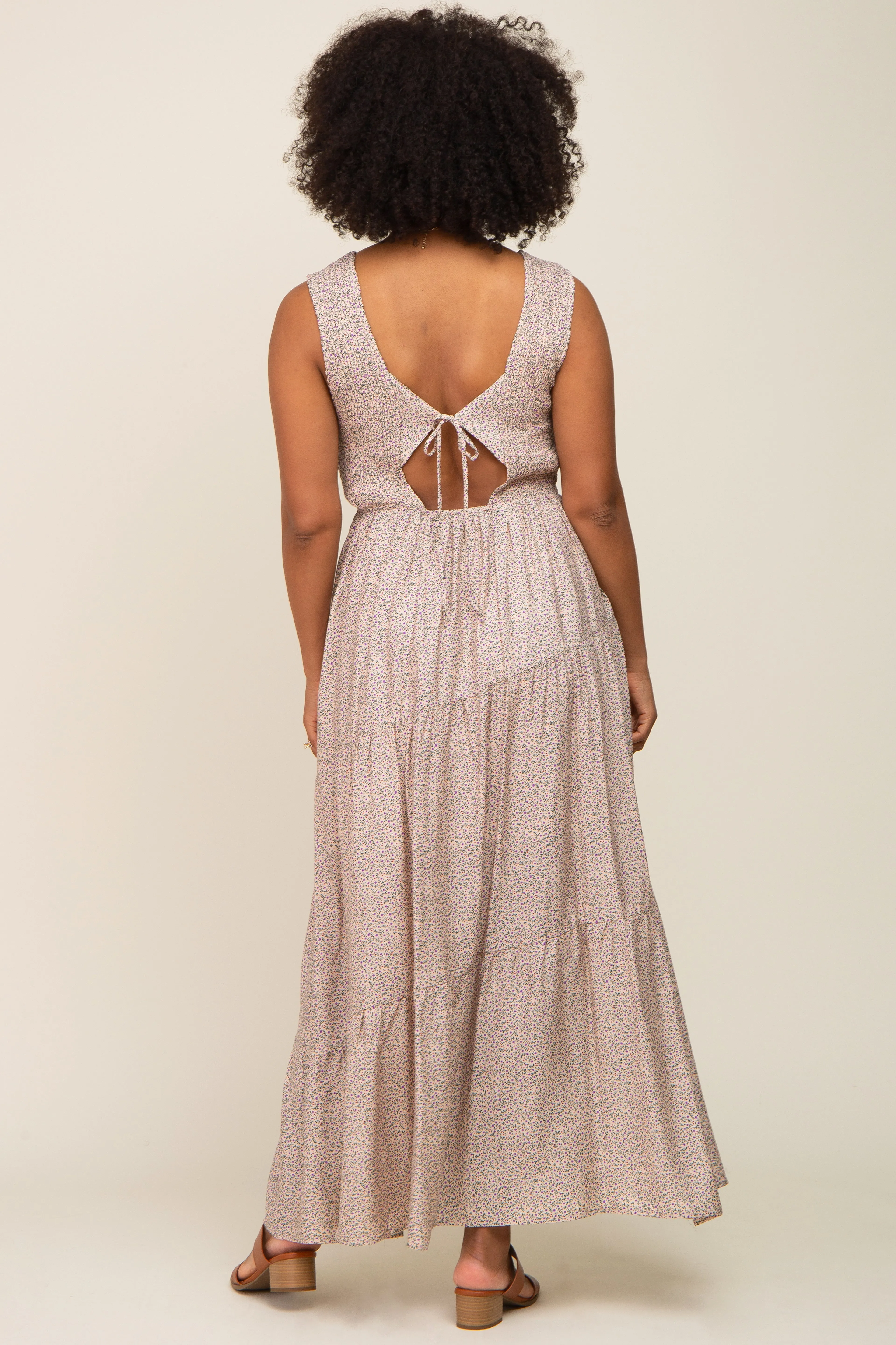 Cream Floral Smocked Sleeveless Back Tie Maxi Dress sold by Pinkblush product image thumbnail 3