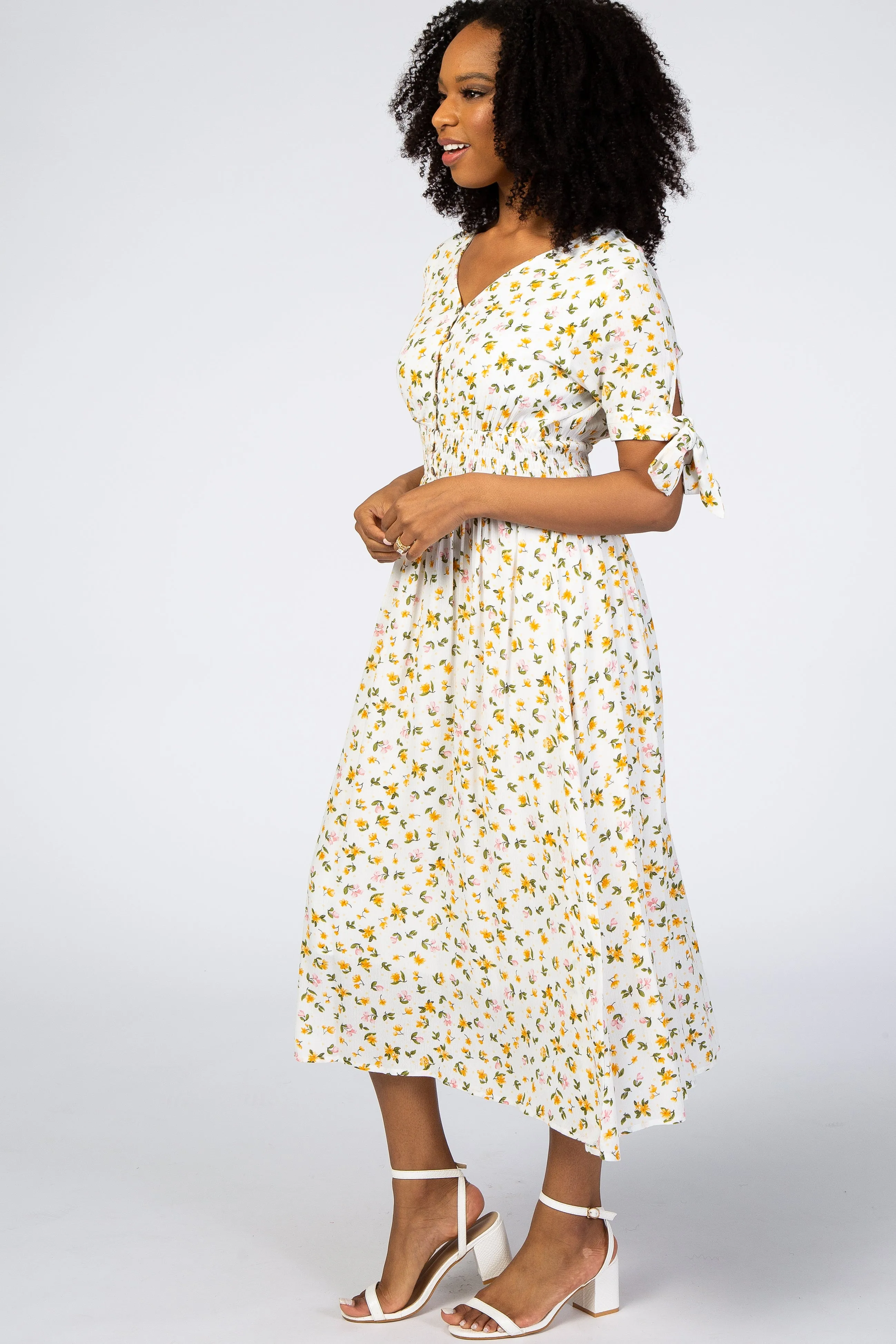 Ivory Floral Tie Sleeve Midi Dress sold by Pinkblush product image thumbnail 2
