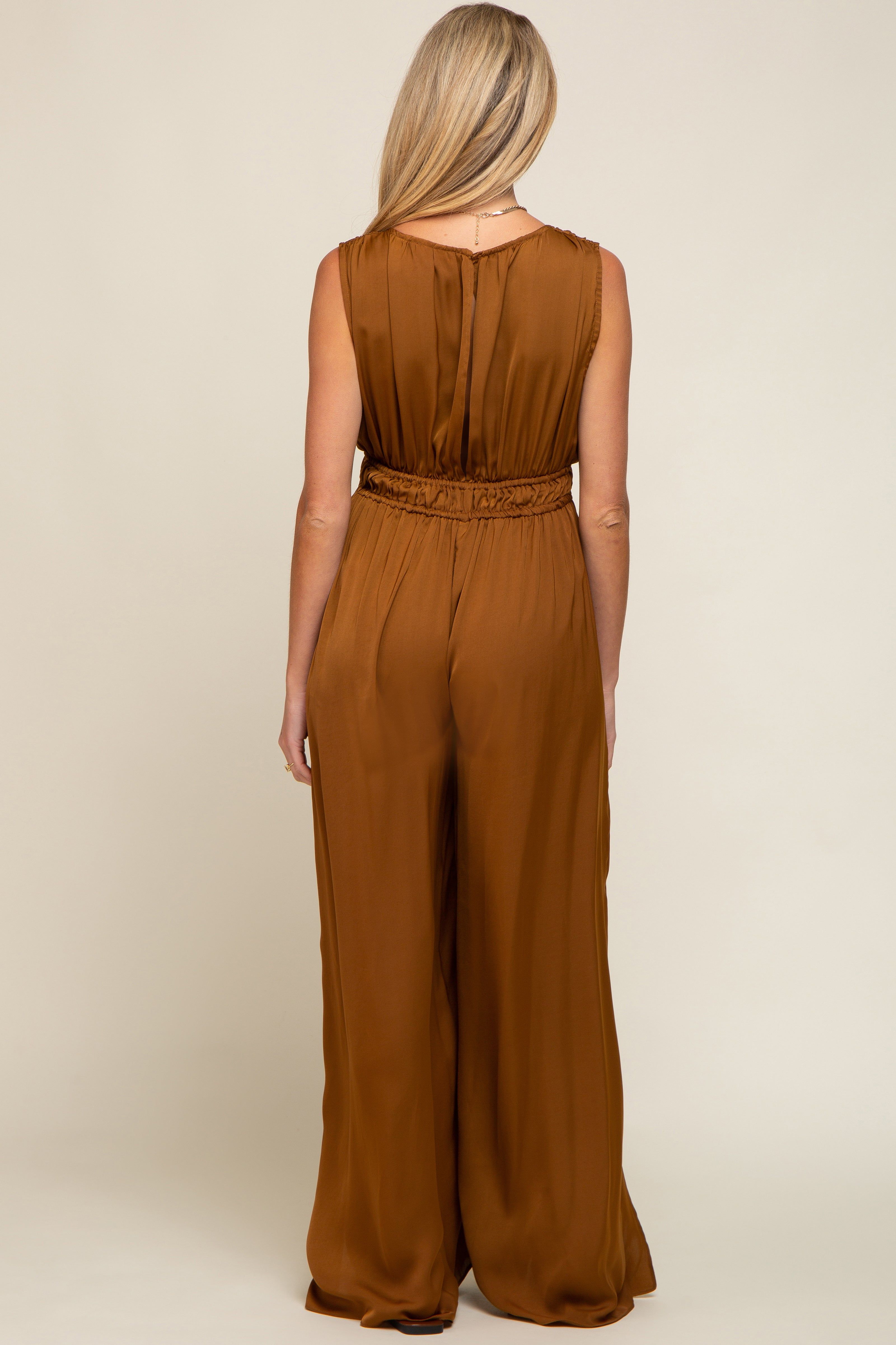 Camel Satin V-Neck Side Slit Maternity Jumpsuit sold by Pinkblush product image thumbnail 3