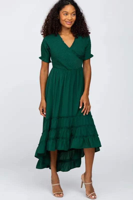 Forest Green Smocked Ruffle Hi-Lo Midi Dress sold by Pinkblush