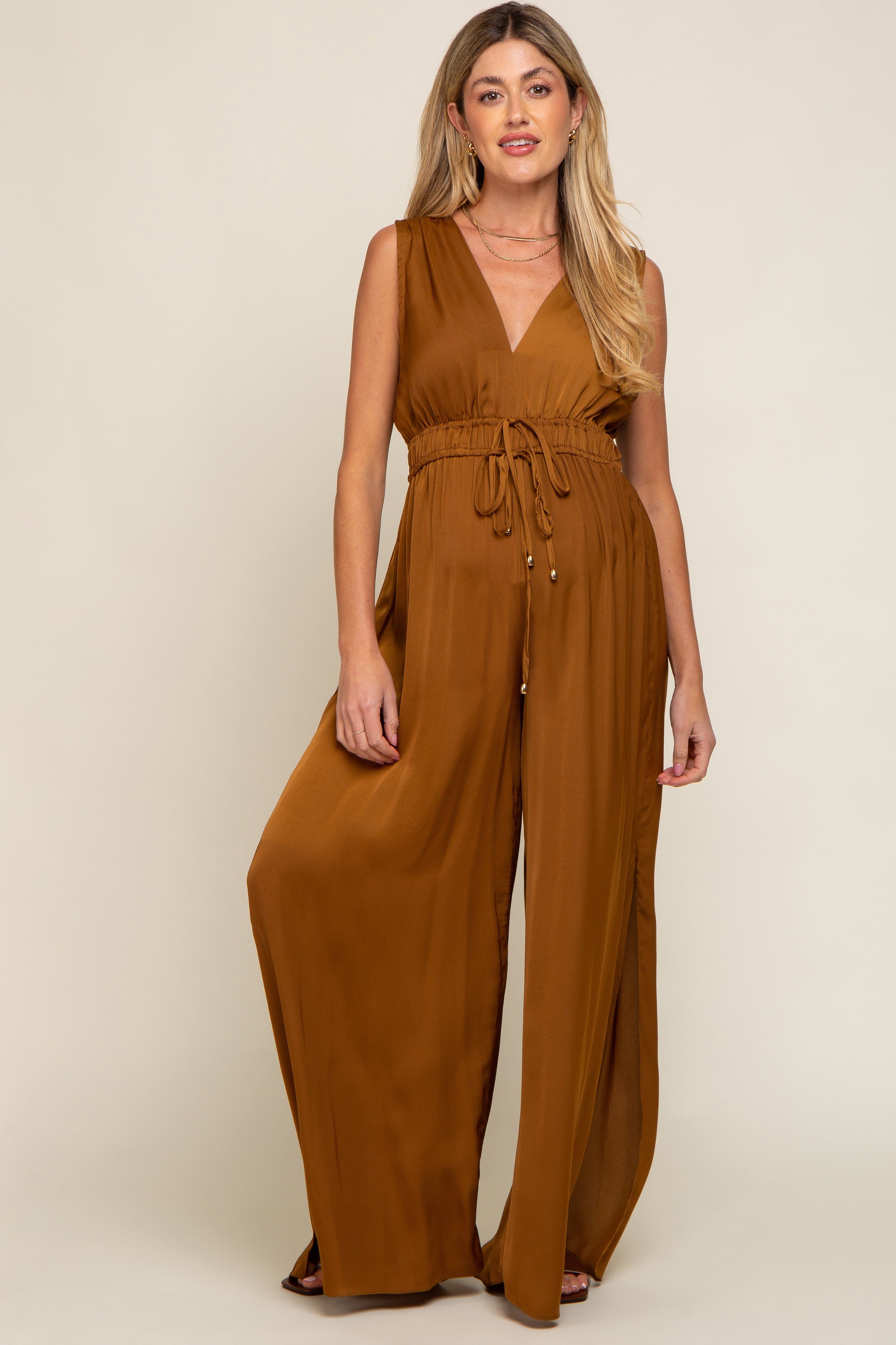 Camel Satin V-Neck Side Slit Maternity Jumpsuit sold by Pinkblush