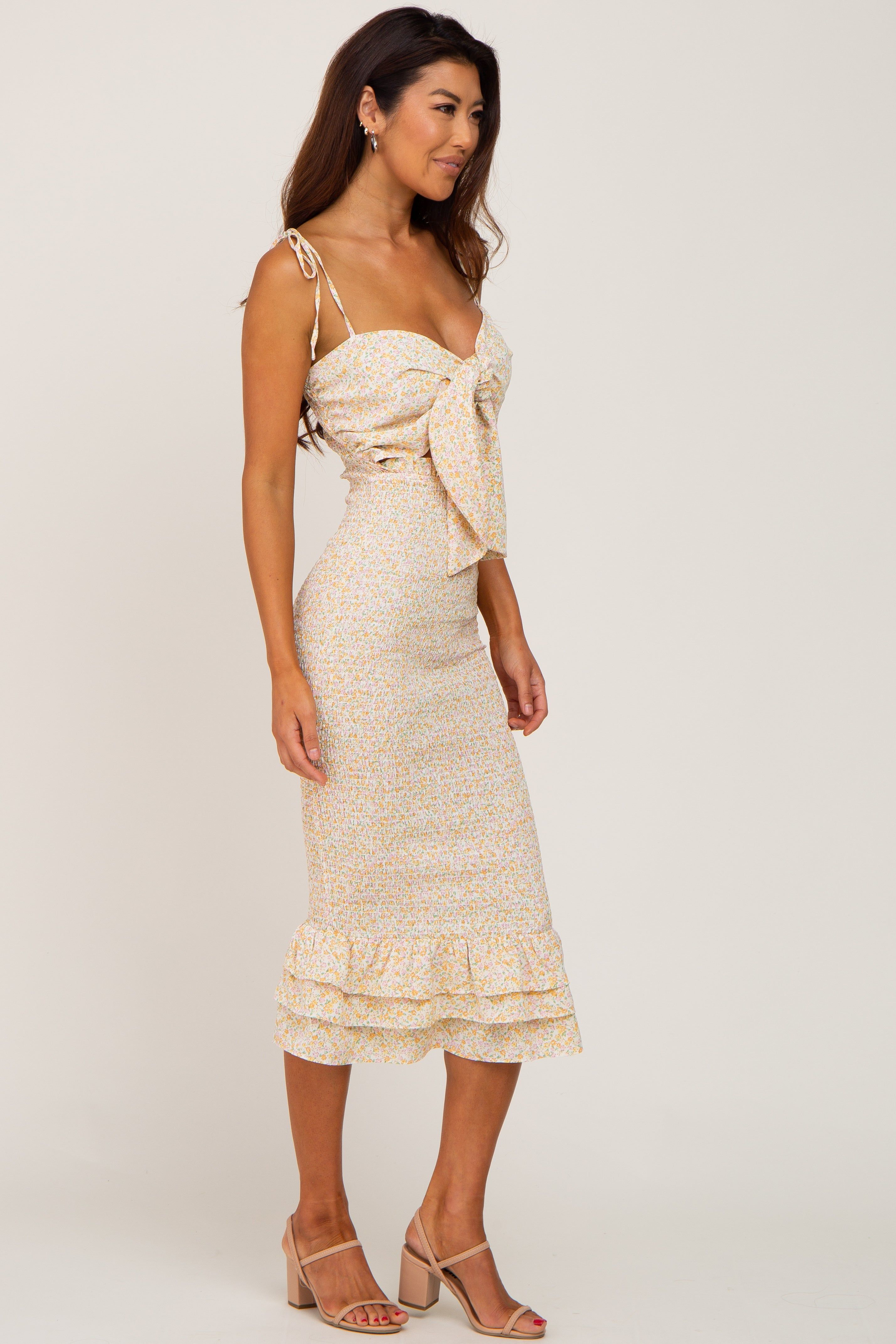 Yellow Floral Front Tie Cutout Smocked Midi Dress sold by Pinkblush product image thumbnail 2