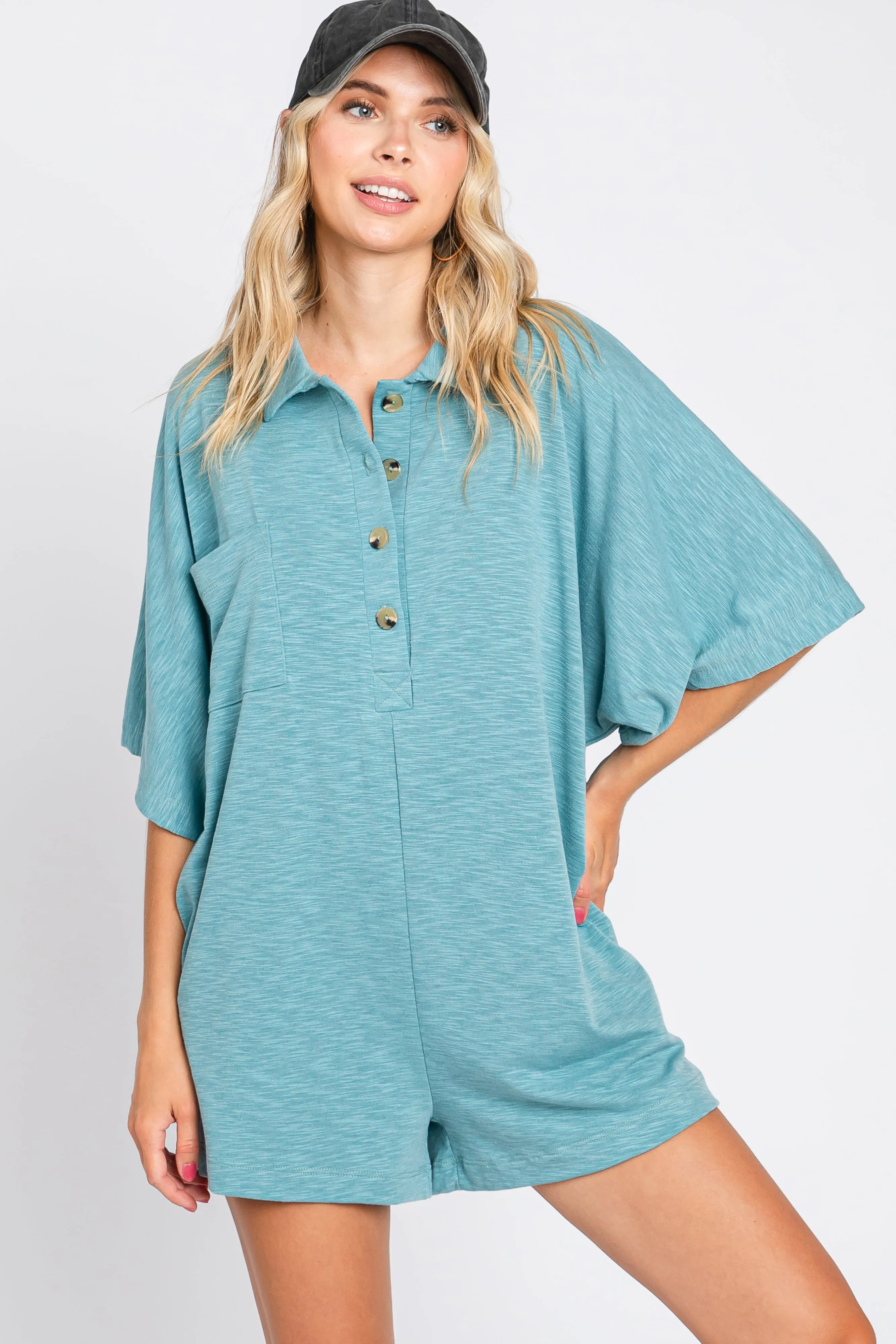 Teal Heathered Front Button Romper sold by Pinkblush product image thumbnail 4