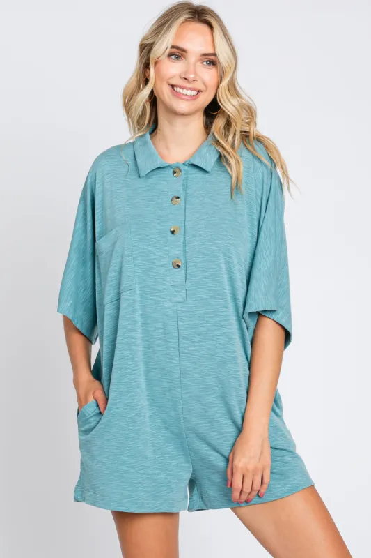 Teal Heathered Front Button Romper sold by Pinkblush