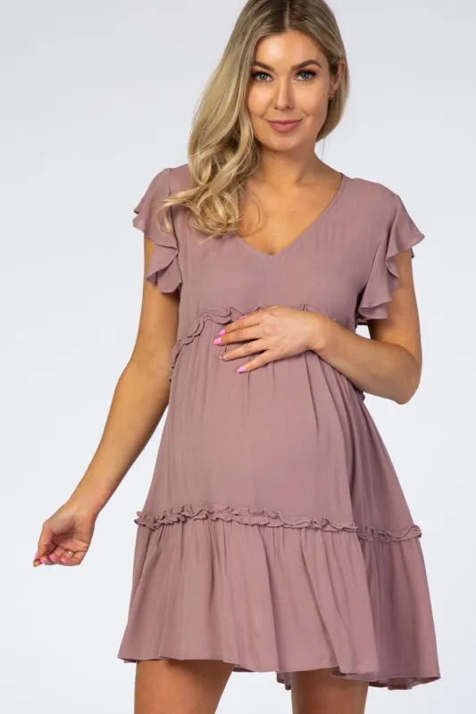 Mauve Ruffle Maternity Mini Dress sold by Pinkblush