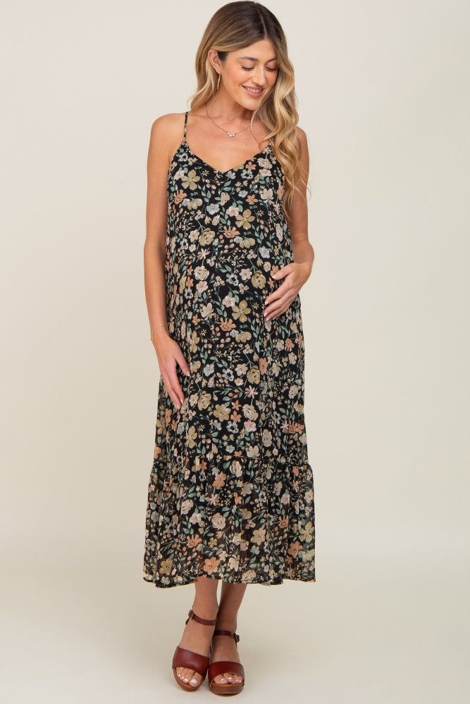 Black Floral Swiss Dot Back Tie Maternity Midi Dress sold by Pinkblush product image thumbnail 2