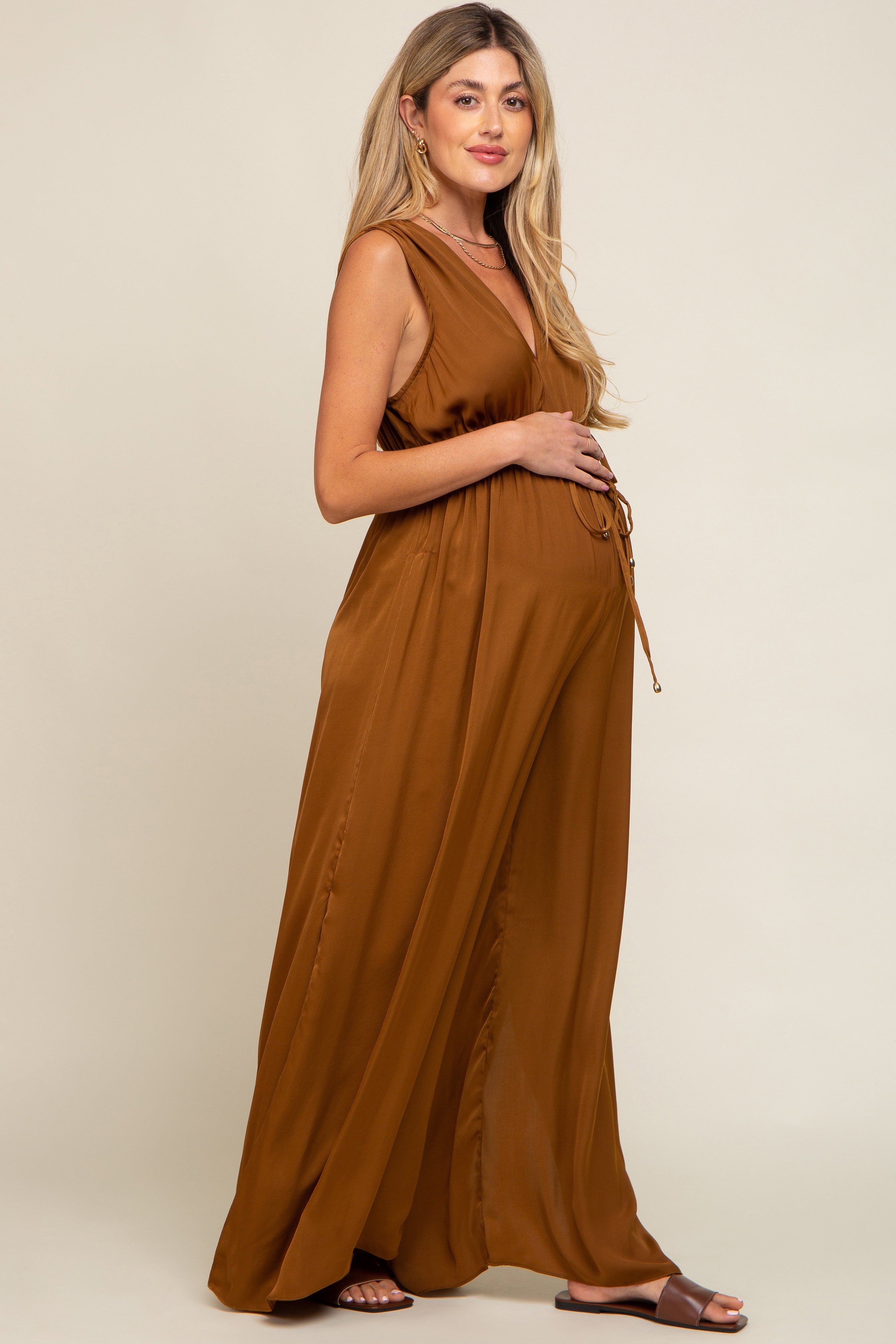 Camel Satin V-Neck Side Slit Maternity Jumpsuit sold by Pinkblush product image thumbnail 2