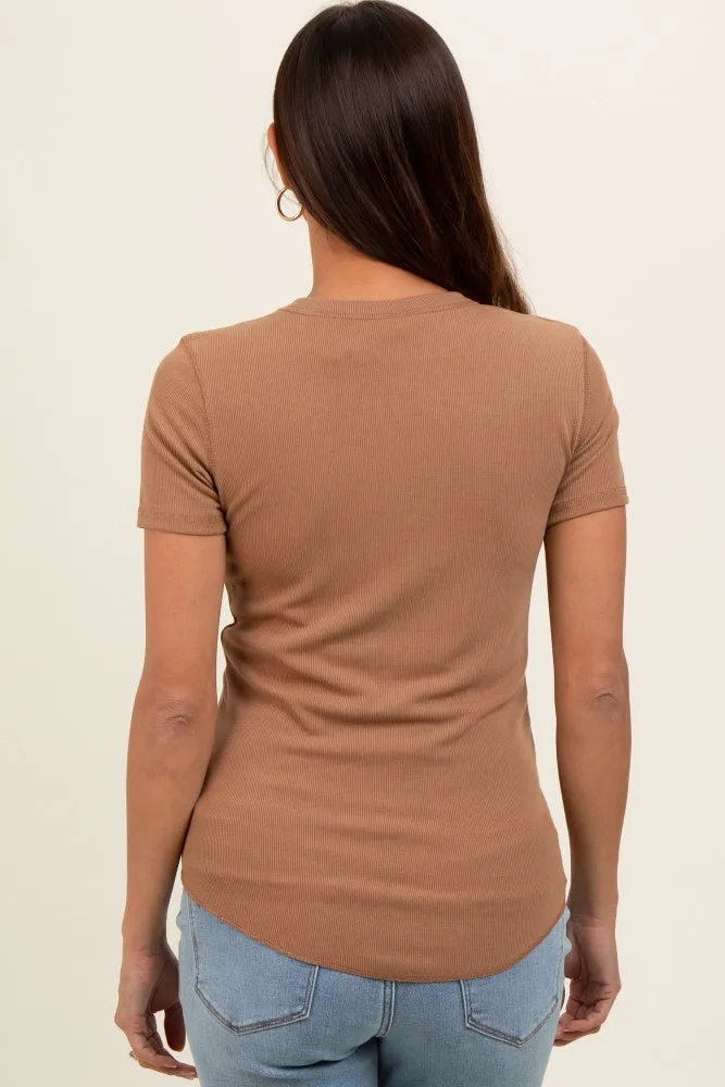 Camel Ribbed Short Sleeve Curved Hem Maternity Top sold by Pinkblush product image thumbnail 4