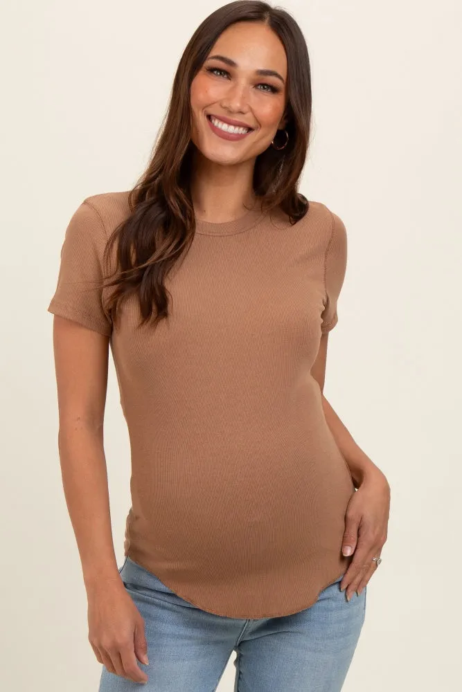 Camel Ribbed Short Sleeve Curved Hem Maternity Top sold by Pinkblush