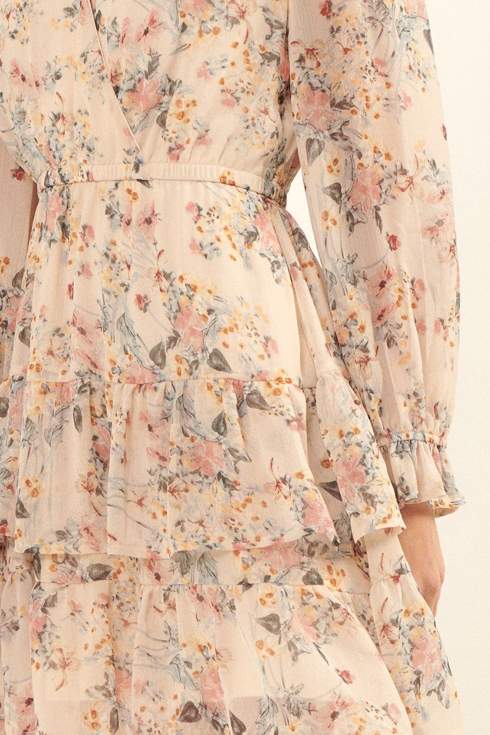 Cream Floral Surplice Neck Tier Ruffle Layer Mini Dress sold by Pinkblush product image thumbnail 5