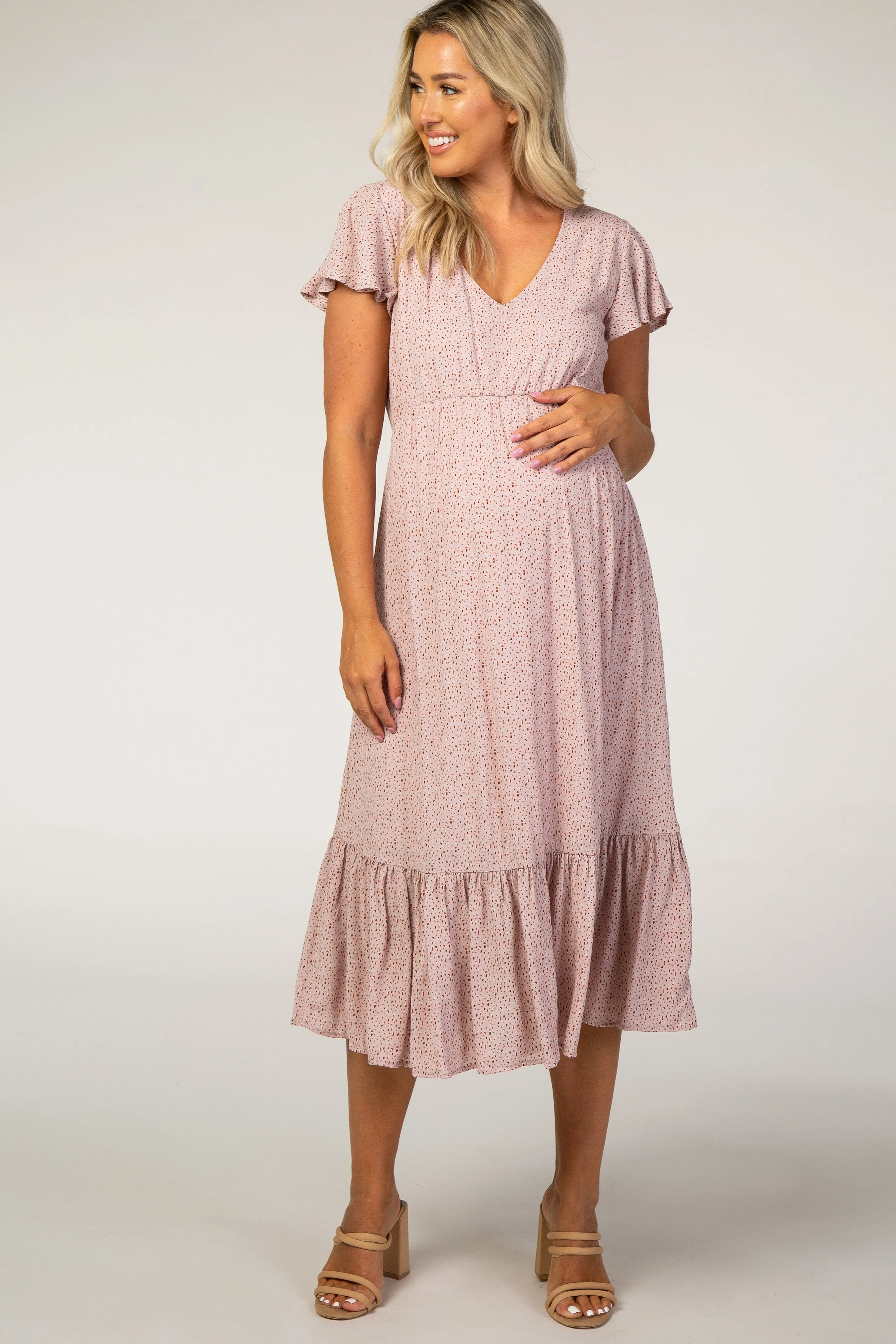 Pink Dot Print Ruffle Maternity Midi Dress sold by Pinkblush