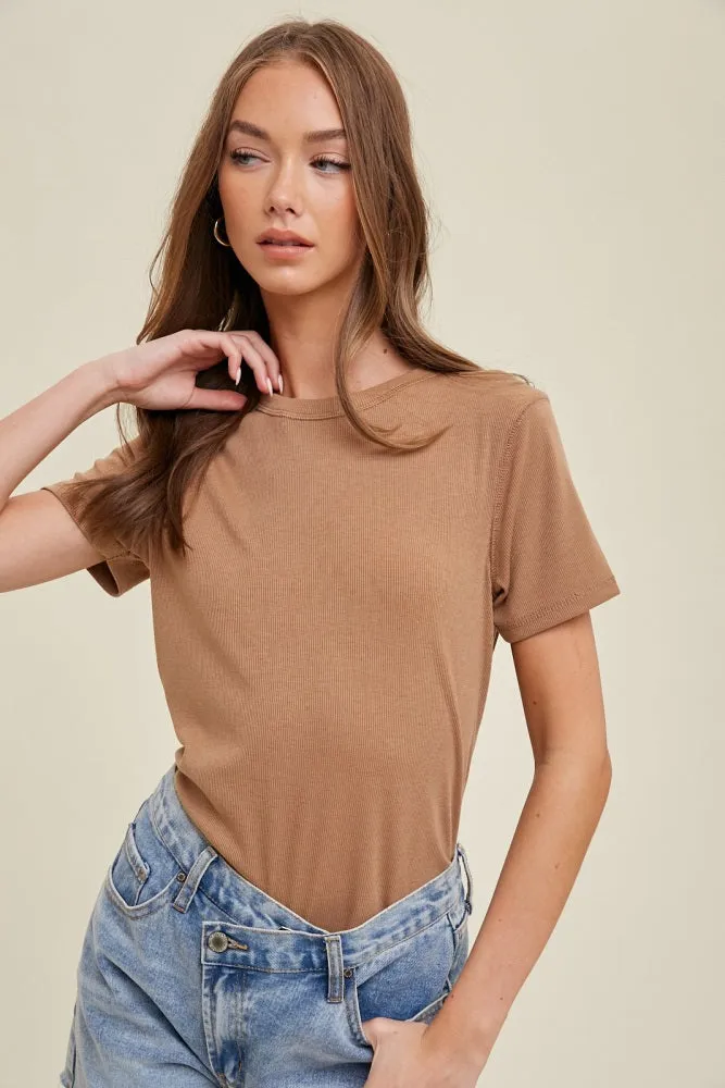 Camel Ribbed Short Sleeve Curved Hem Maternity Top sold by Pinkblush product image thumbnail 5