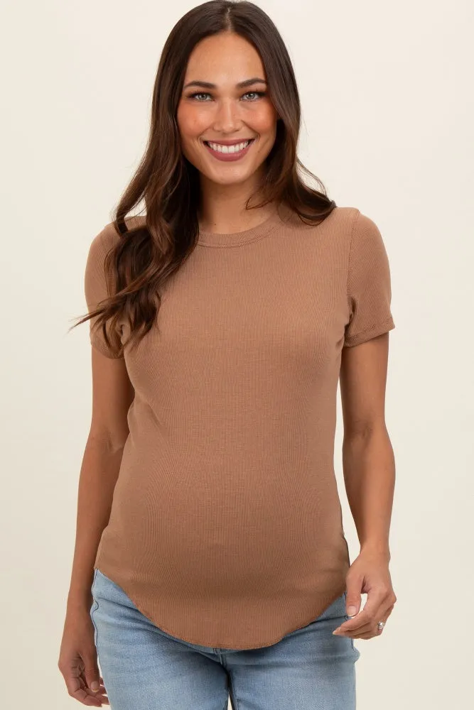 Camel Ribbed Short Sleeve Curved Hem Maternity Top sold by Pinkblush product image thumbnail 2