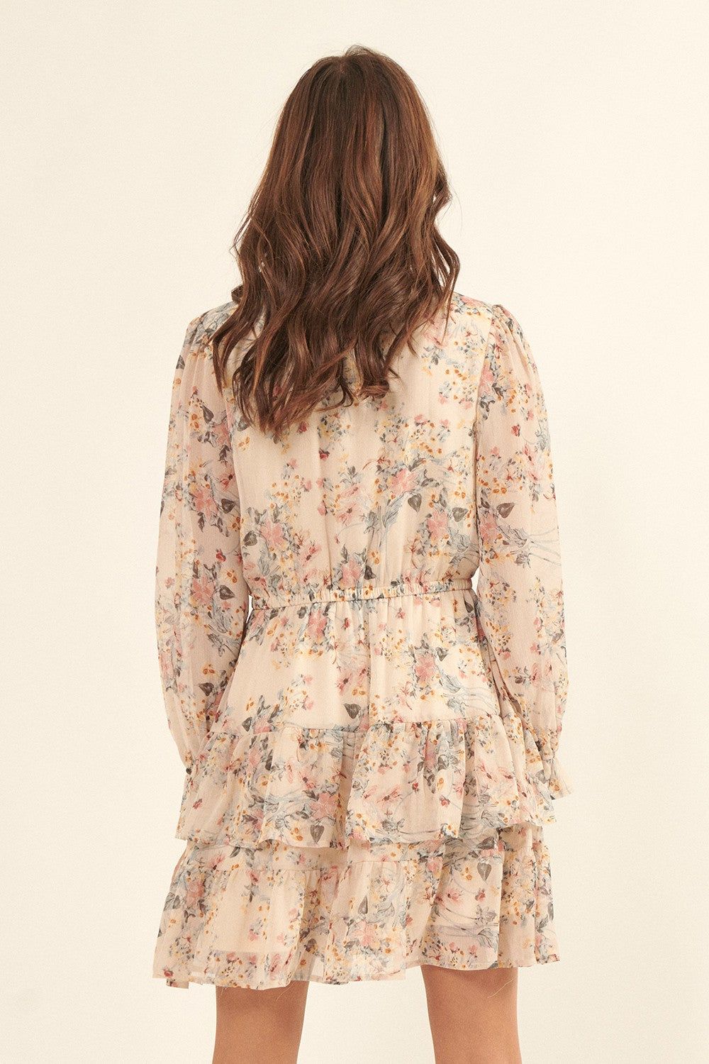 Cream Floral Surplice Neck Tier Ruffle Layer Mini Dress sold by Pinkblush product image thumbnail 3