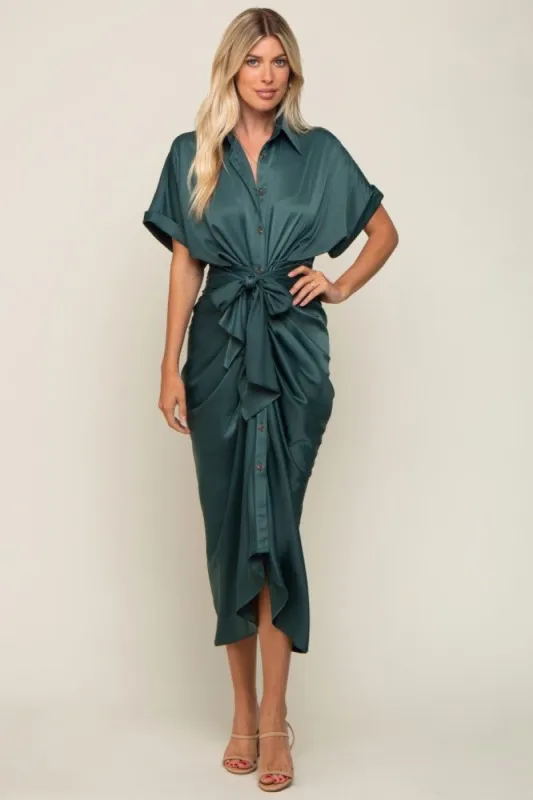 Green Satin Button Down Gathered Midi Dress sold by Pinkblush