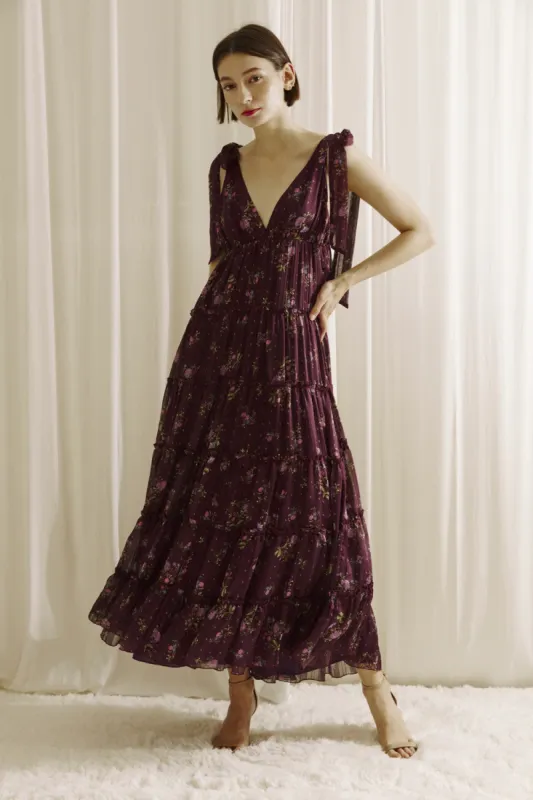 Plum Floral Tiered Shoulder Tie Maxi Dress sold by Pinkblush