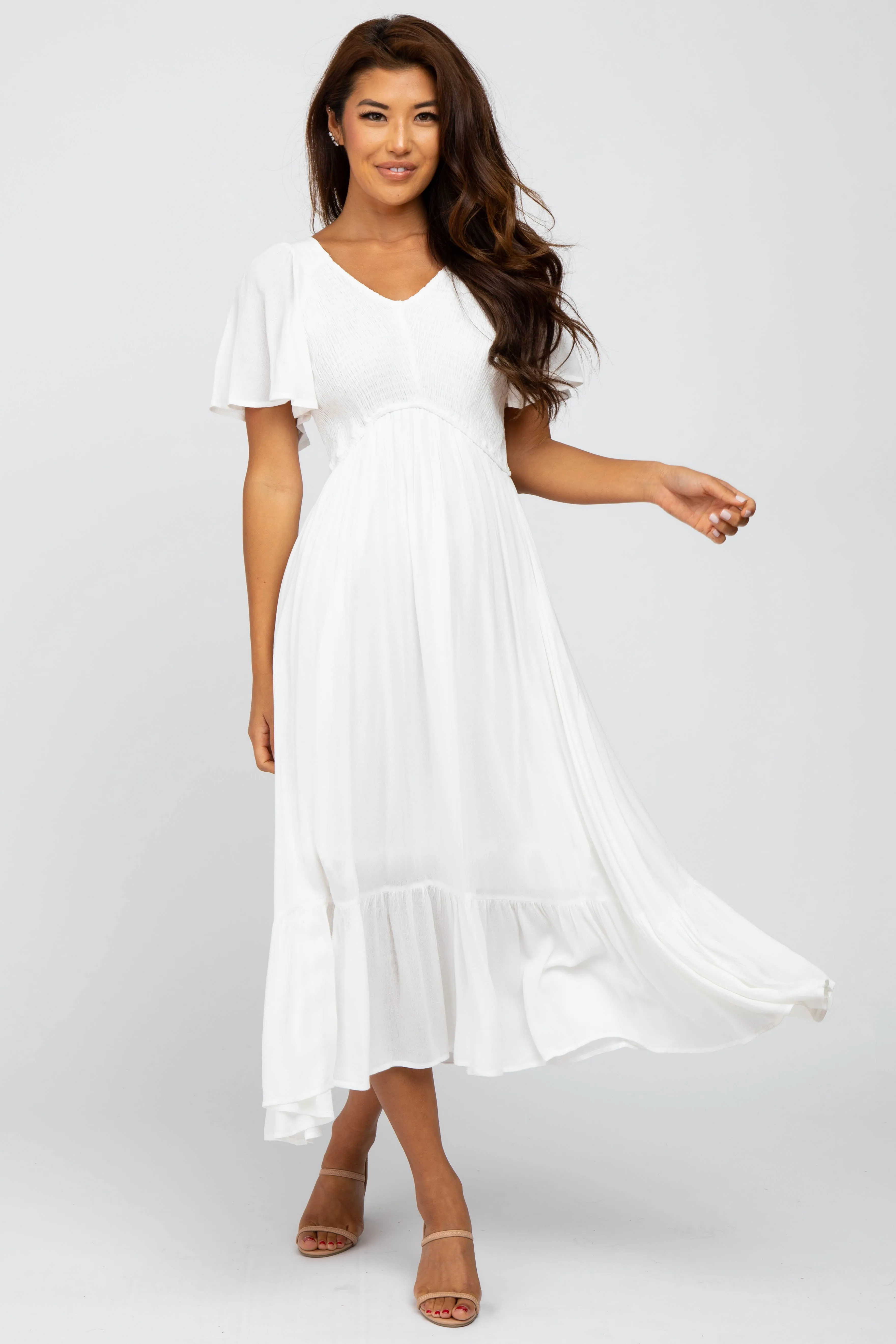 Ivory Smocked V-Neck Midi Dress sold by Pinkblush product image thumbnail 4