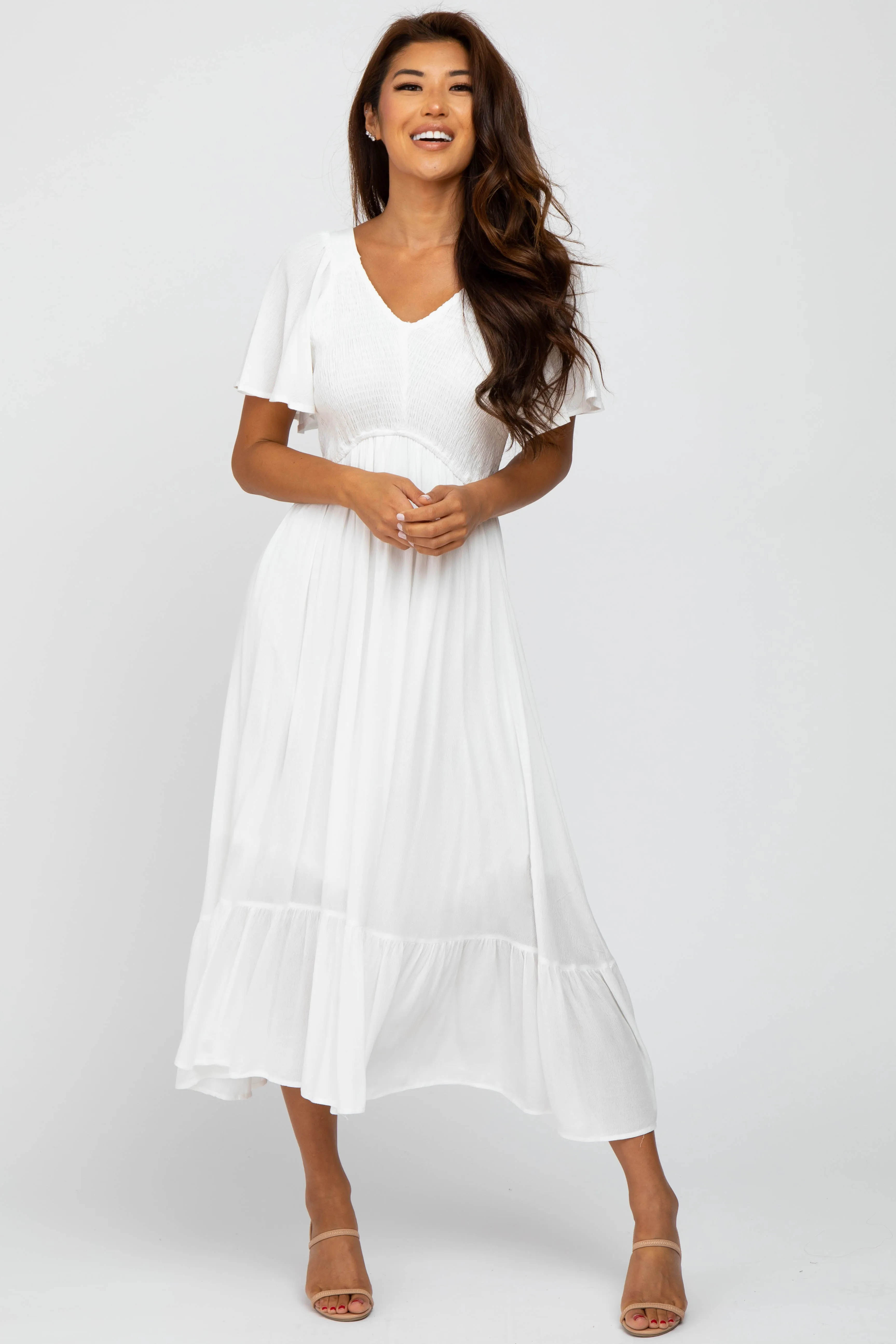 Ivory Smocked V-Neck Midi Dress sold by Pinkblush