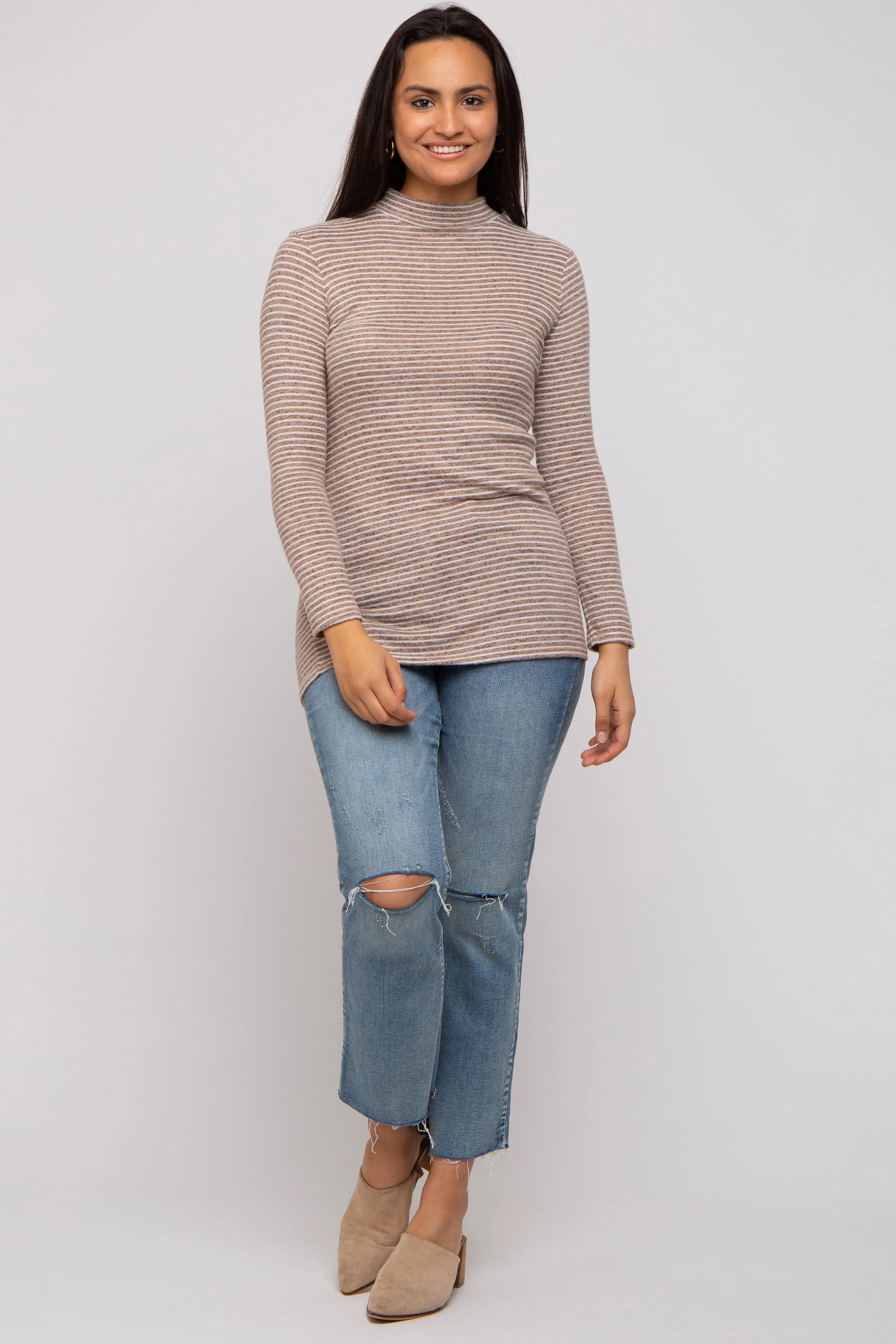 Taupe Striped Long Sleeve Mock Neck Top sold by Pinkblush product image thumbnail 5