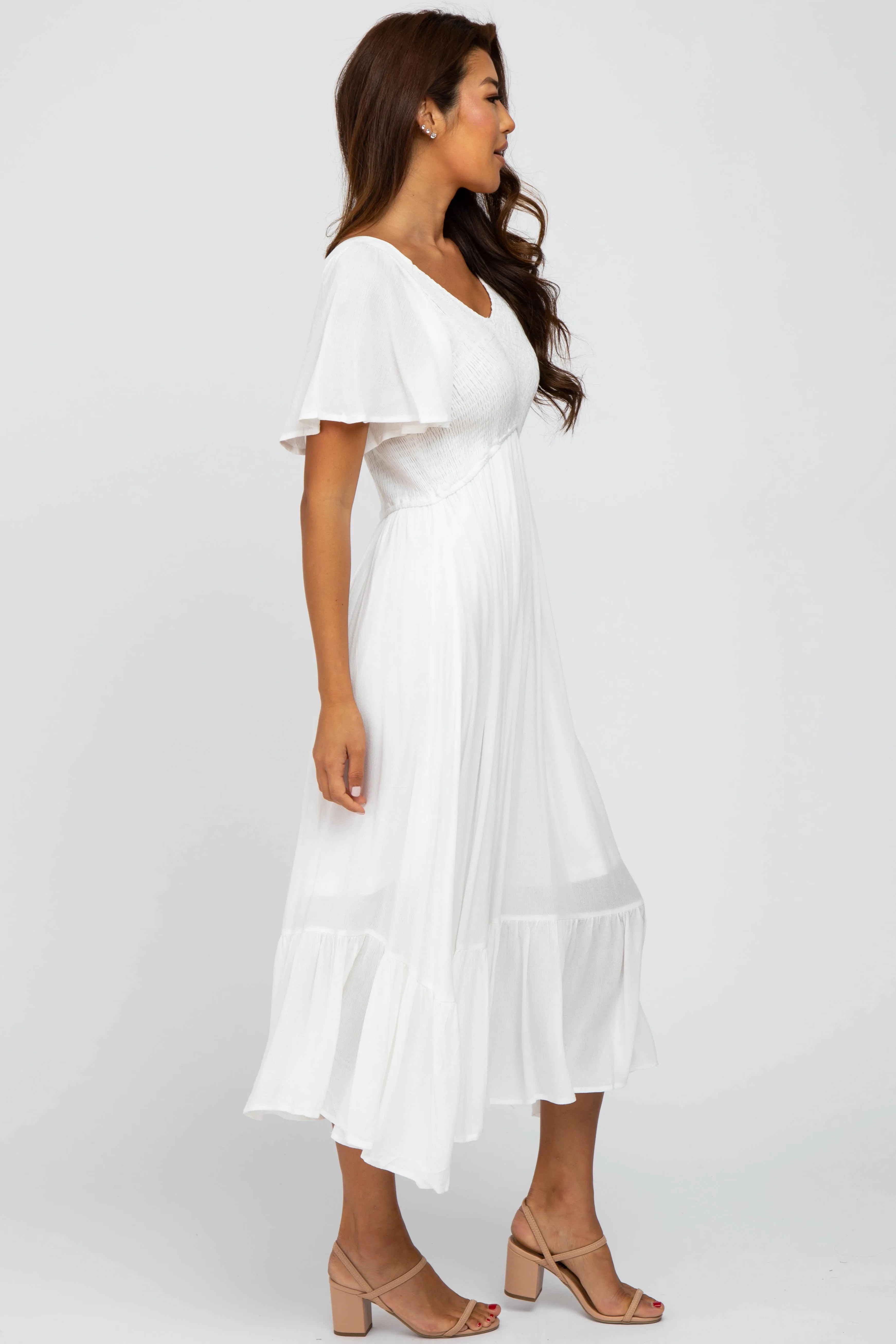 Ivory Smocked V-Neck Midi Dress sold by Pinkblush product image thumbnail 2