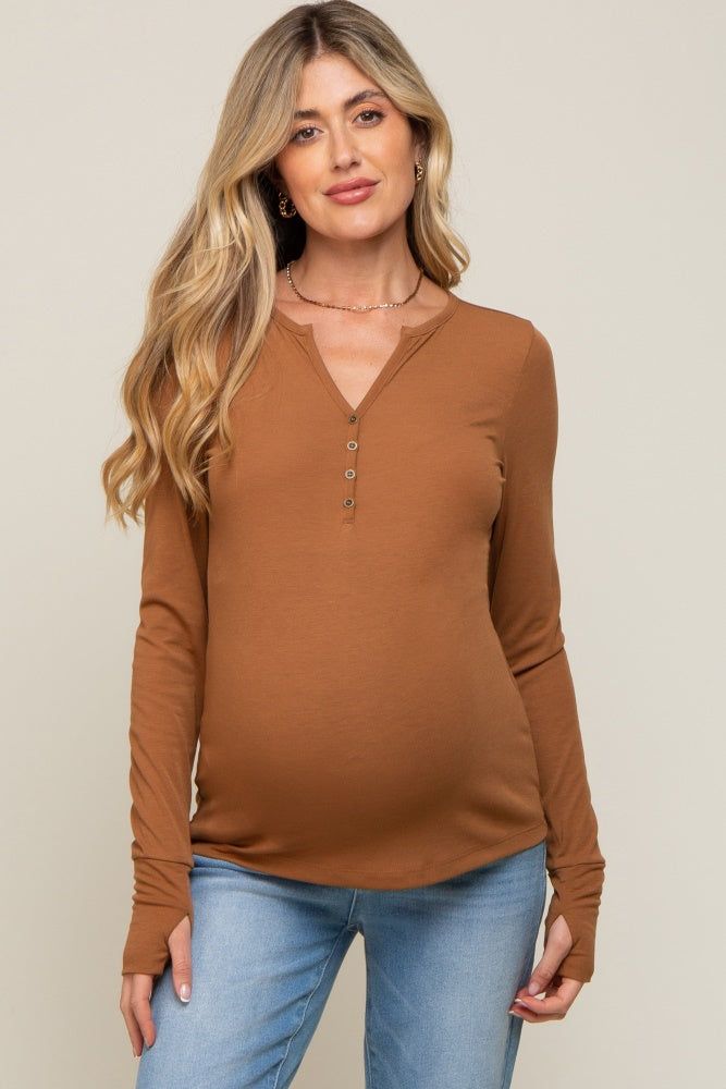 Camel Button Front Long Sleeve Maternity Top sold by Pinkblush
