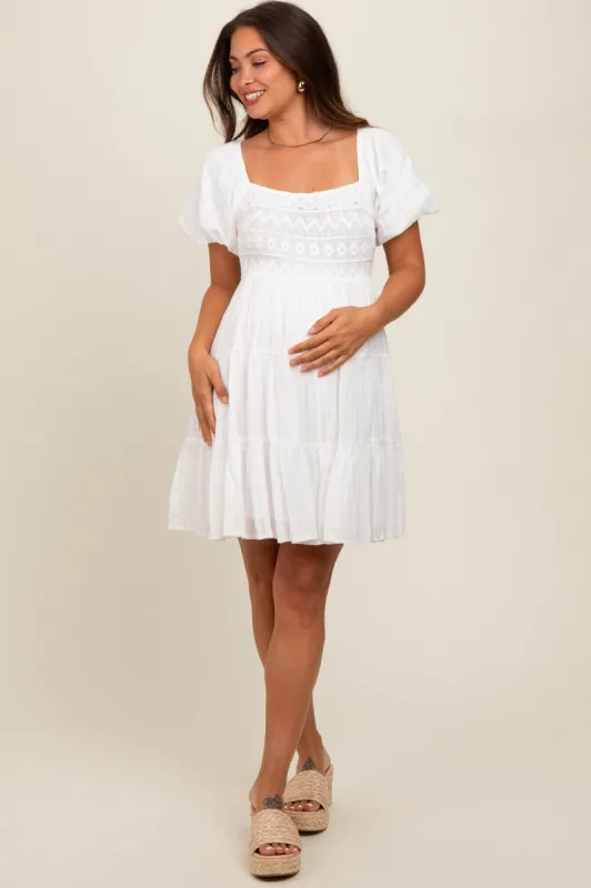 White Crochet Tiered Maternity Dress sold by Pinkblush