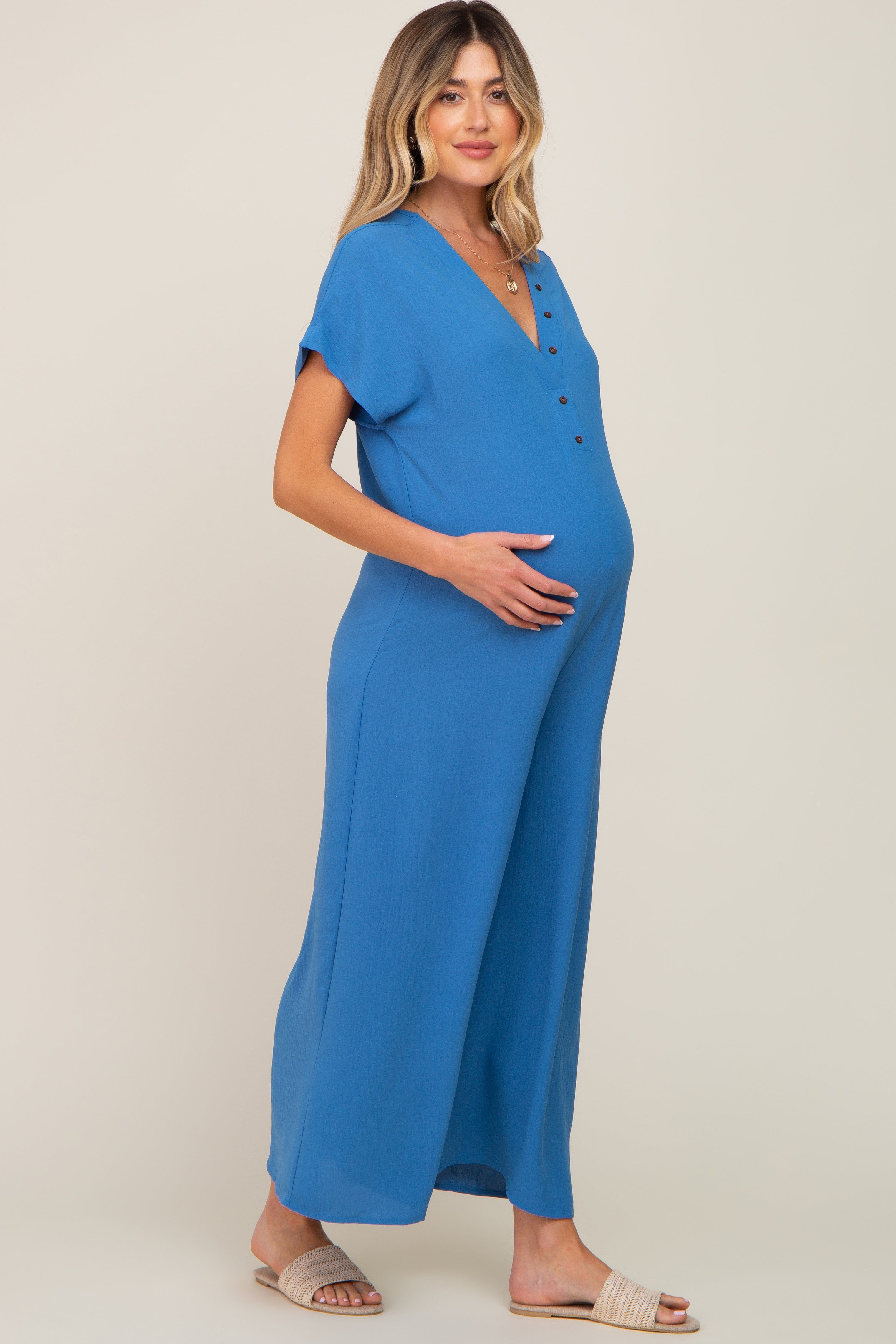Blue Front Button Accent Maternity Jumpsuit sold by Pinkblush product image thumbnail 2