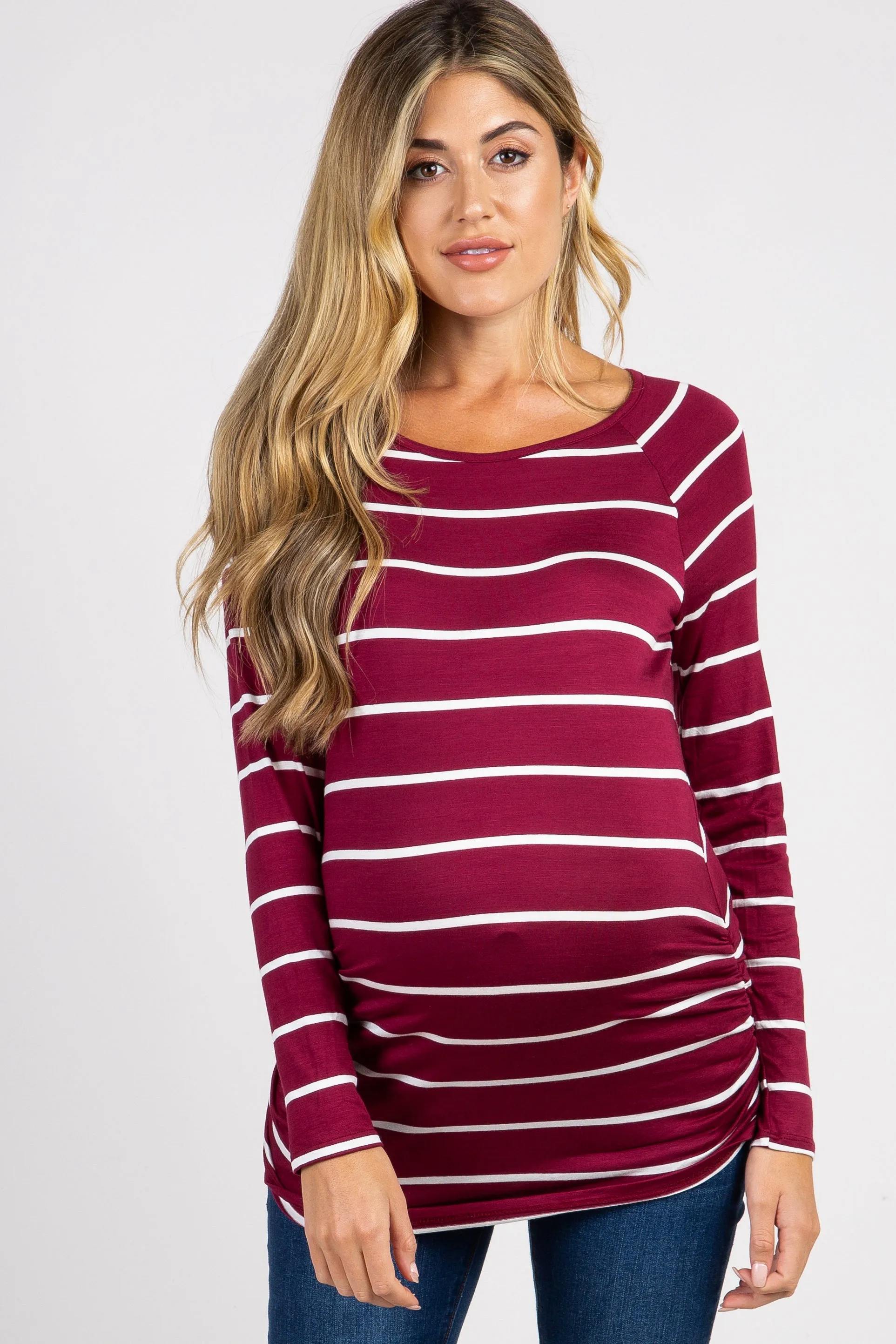Burgundy Striped Ruched Maternity Top sold by Pinkblush