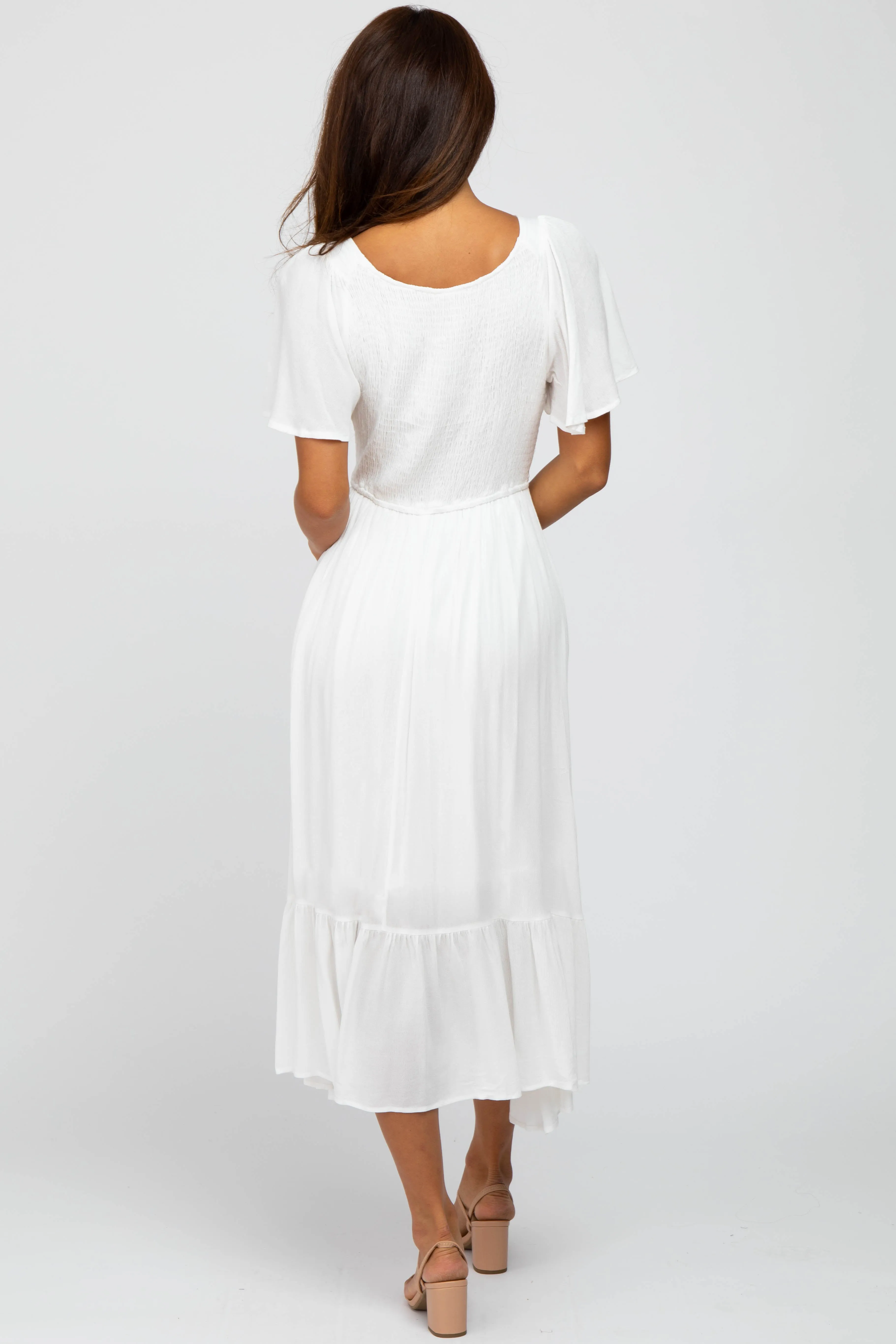 Ivory Smocked V-Neck Midi Dress sold by Pinkblush product image thumbnail 3