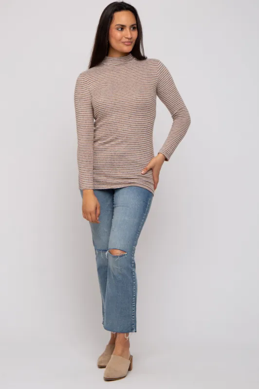 Taupe Striped Long Sleeve Mock Neck Top sold by Pinkblush