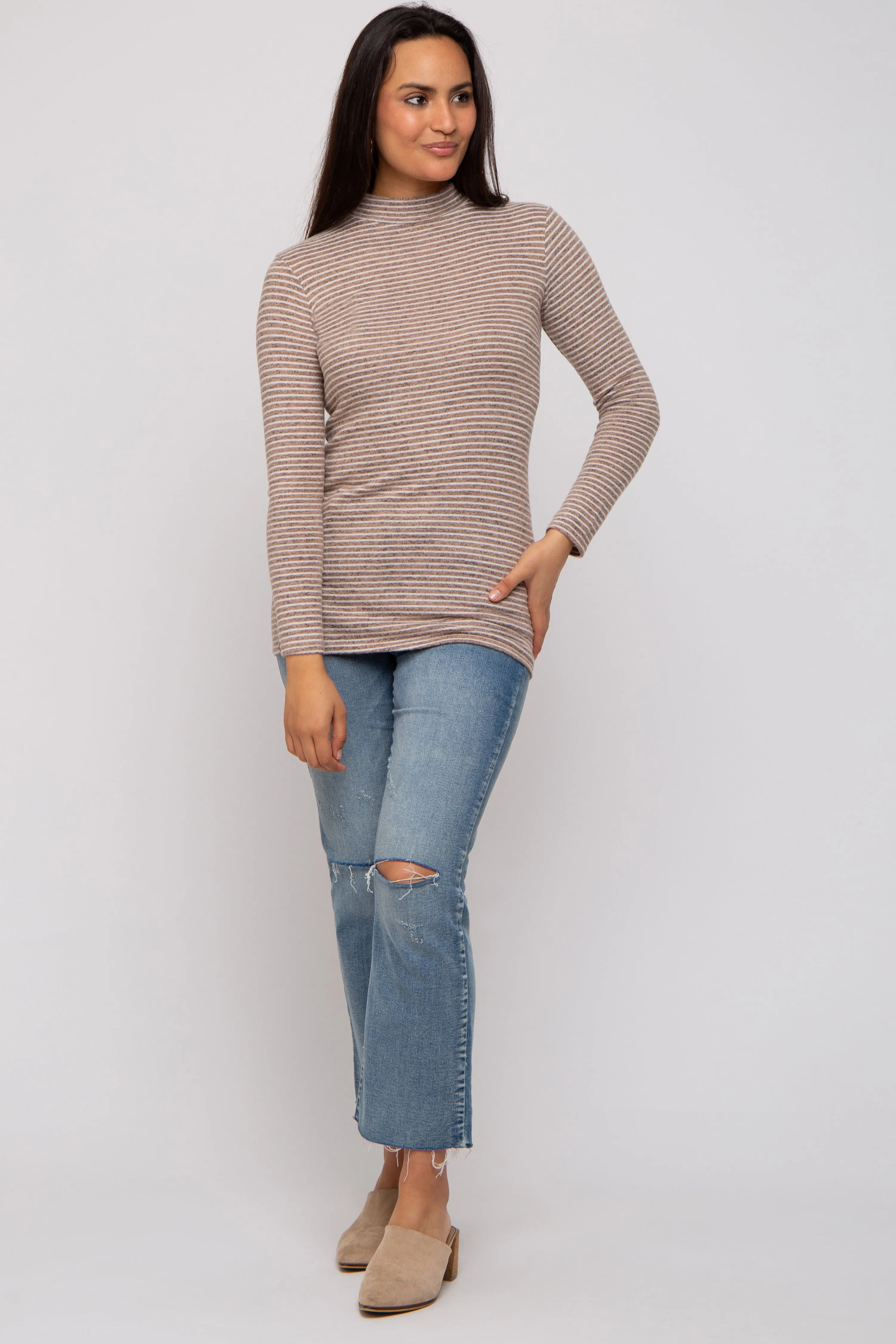Taupe Striped Long Sleeve Mock Neck Top sold by Pinkblush