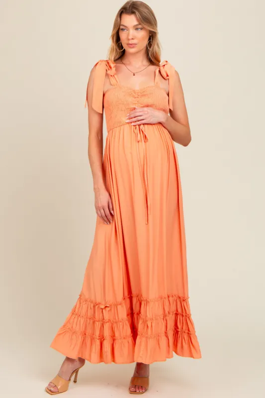 Orange Sweetheart Neck Smocked Shoulder Tie Maternity Maxi Dress sold by Pinkblush