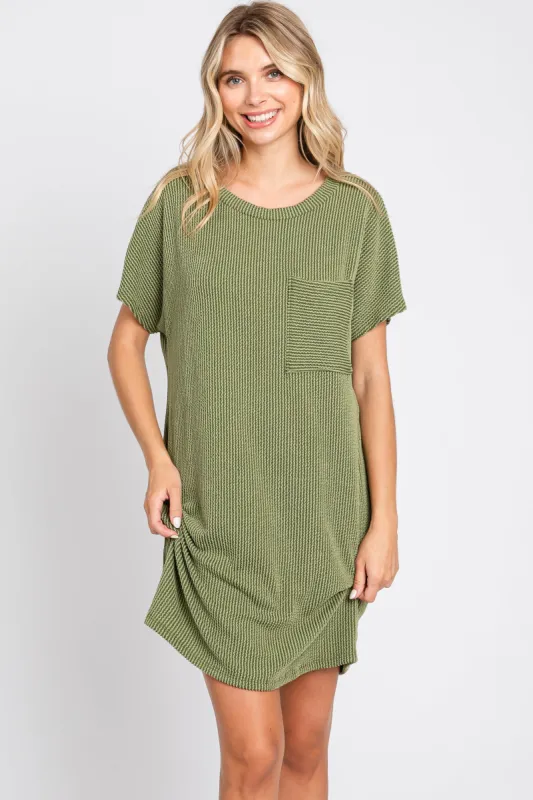 Olive Ribbed Front Pocket Dolman Short Sleeve Dress sold by Pinkblush