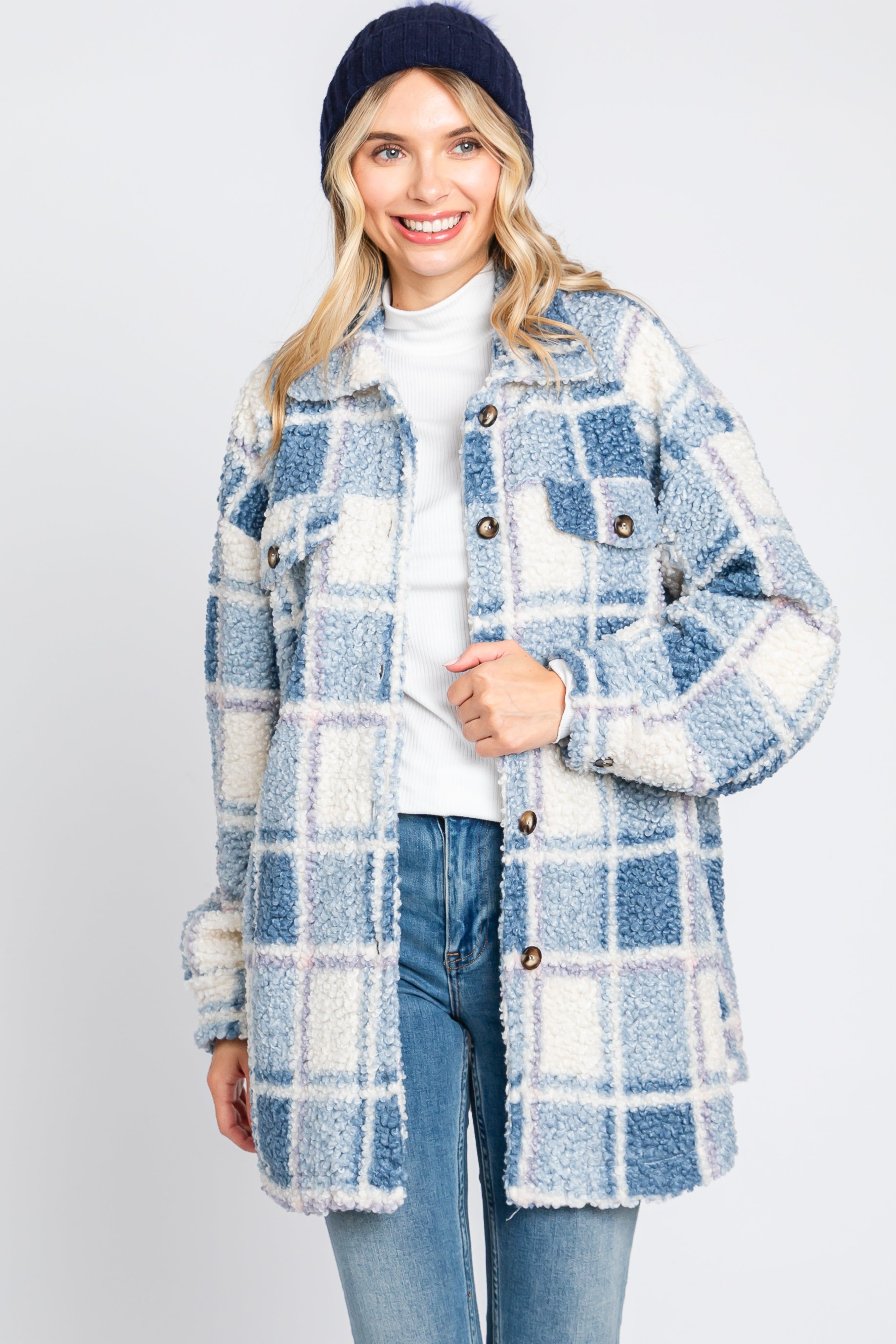 Blue Plaid Sherpa Jacket sold by Pinkblush
