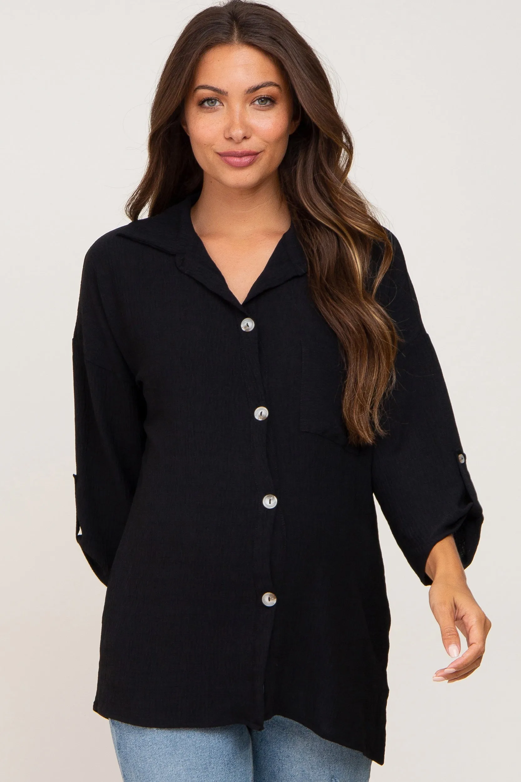 Black Button Front Collared Maternity Blouse sold by Pinkblush