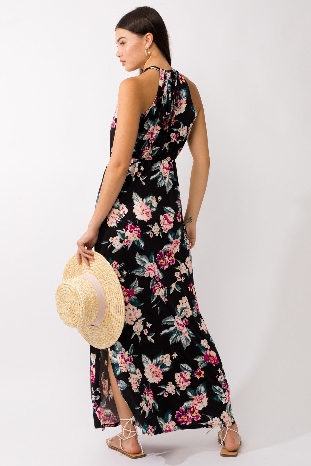 Black Floral Halter Side Slit Maxi Dress sold by Pinkblush product image thumbnail 3