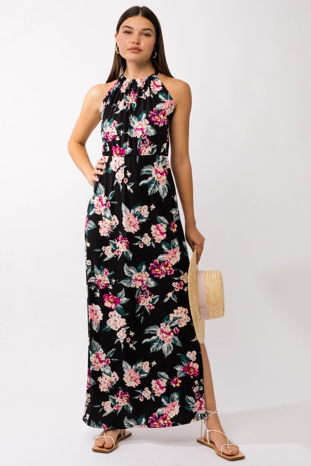 Black Floral Halter Side Slit Maxi Dress sold by Pinkblush