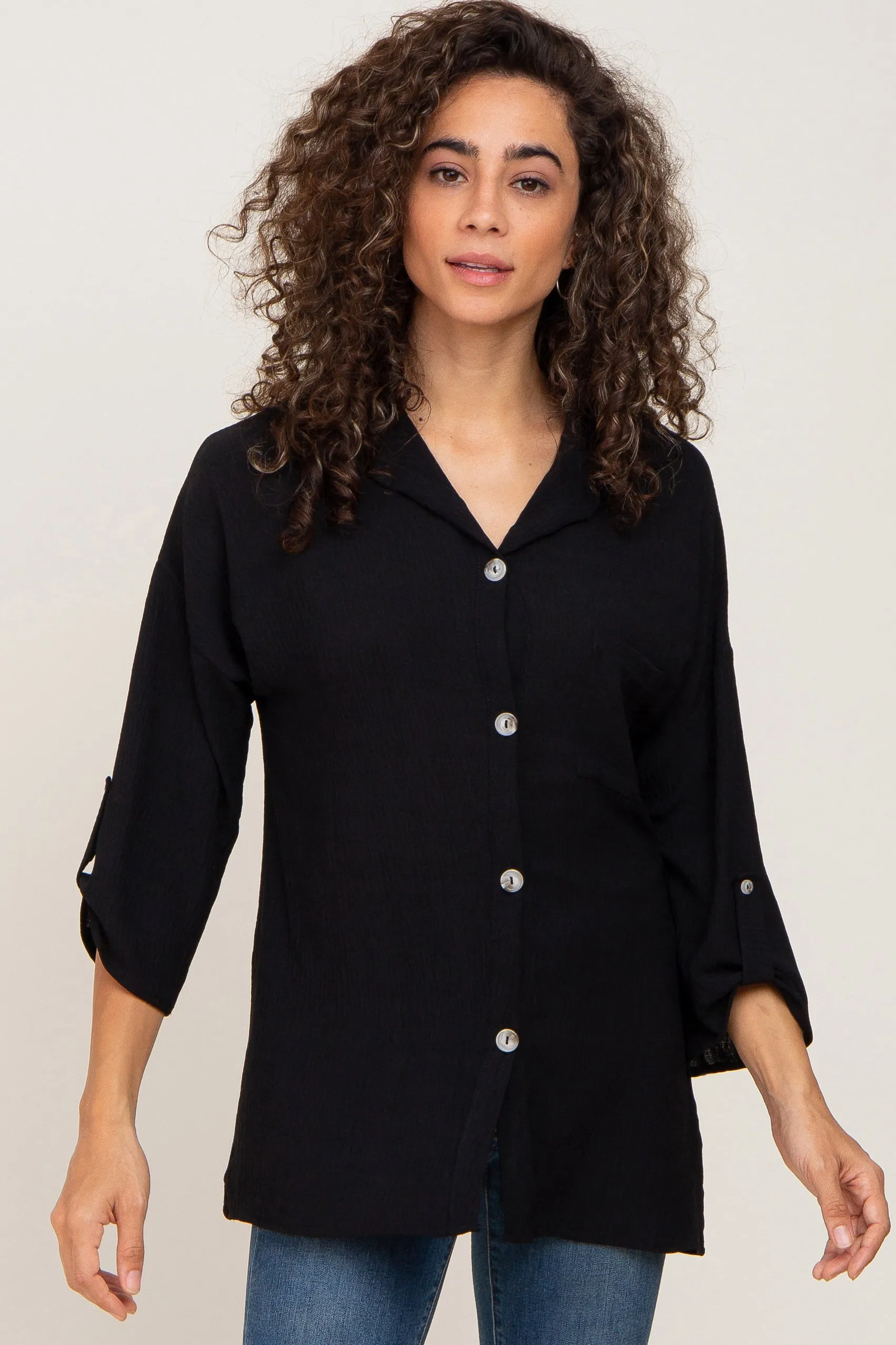 Black Button Front Collared Maternity Blouse sold by Pinkblush product image thumbnail 5