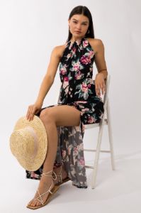 Black Floral Halter Side Slit Maxi Dress sold by Pinkblush