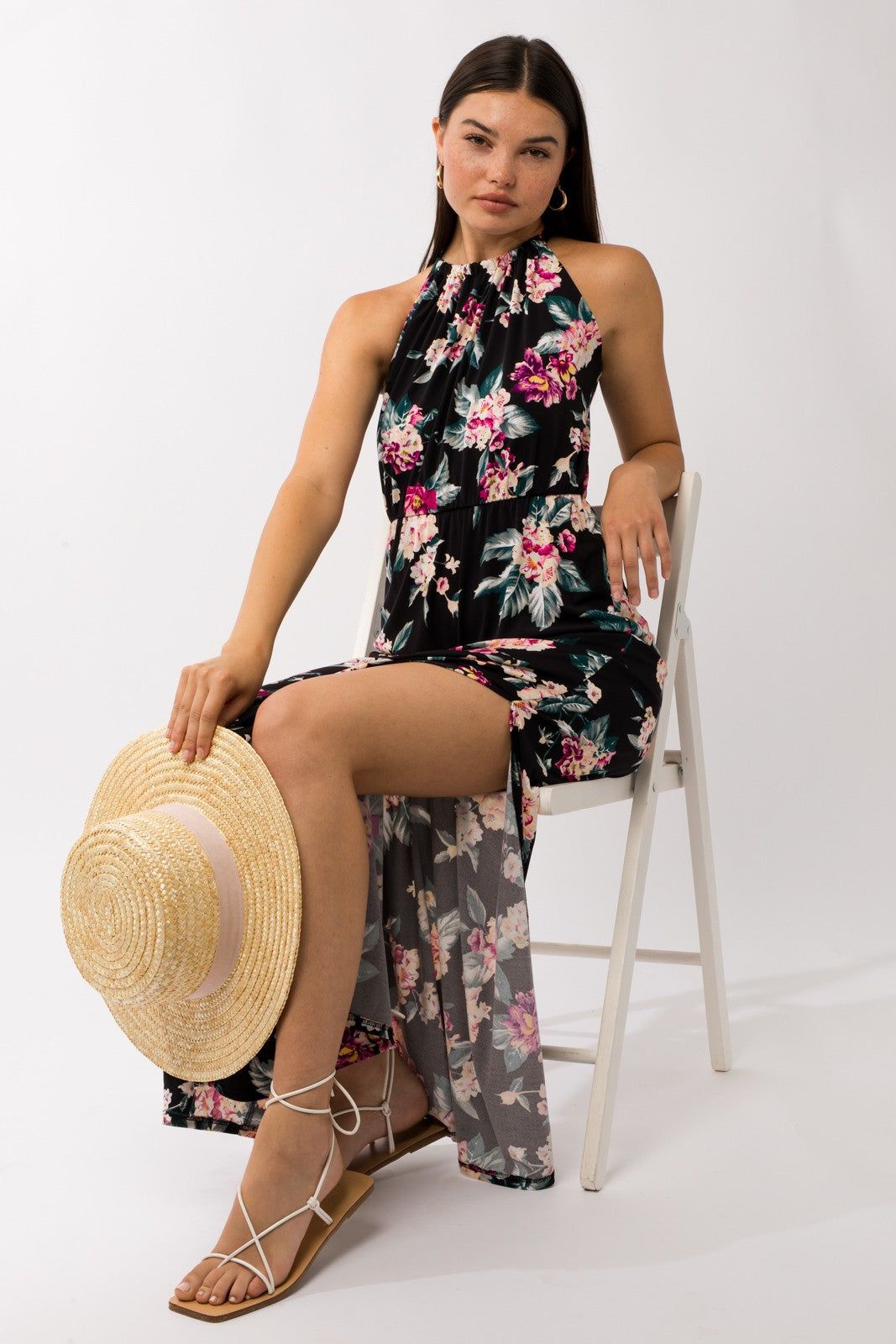 Black Floral Halter Side Slit Maxi Dress sold by Pinkblush product image thumbnail 4
