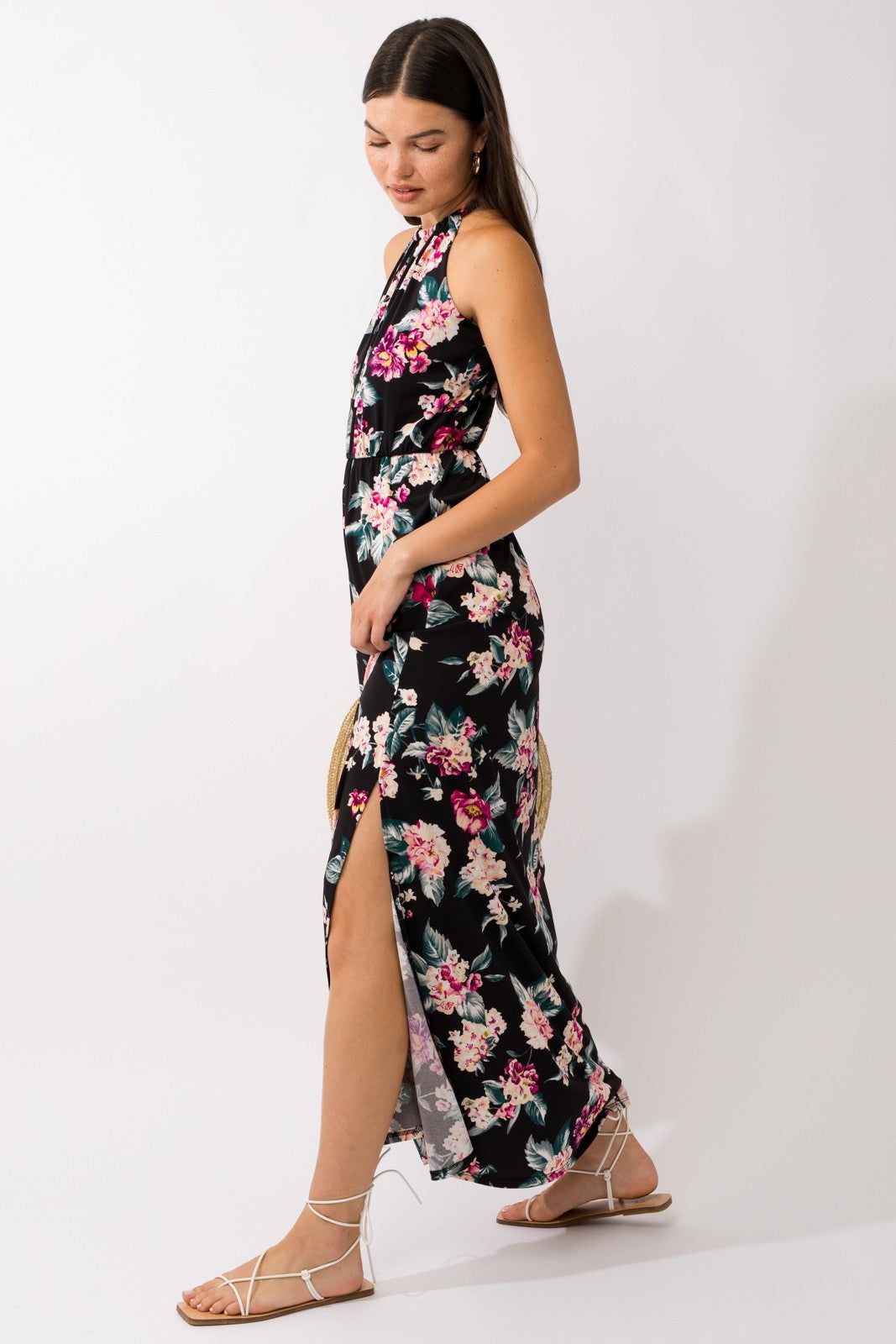 Black Floral Halter Side Slit Maxi Dress sold by Pinkblush product image thumbnail 2