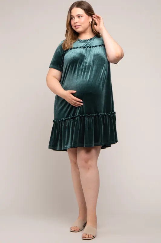 Dark Jade Ruffle Accent Velvet Maternity Plus Dress sold by Pinkblush