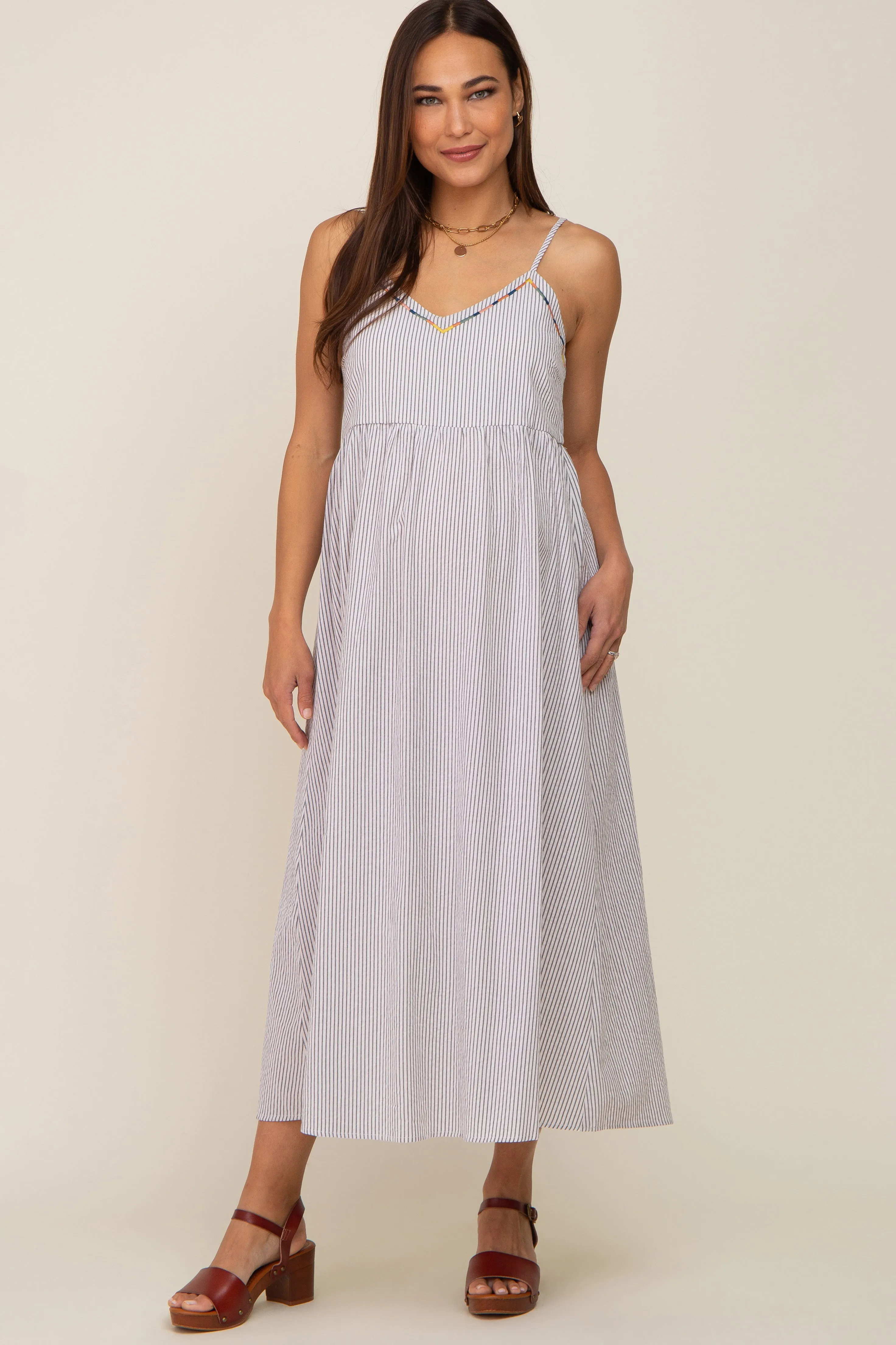Light Blue Striped Embroidered Maternity Midi Dress sold by Pinkblush