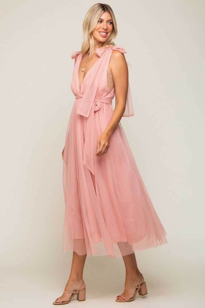 Pink Dotted Tulle Deep V-Neck Shoulder Tie Midi Dress sold by Pinkblush product image thumbnail 2