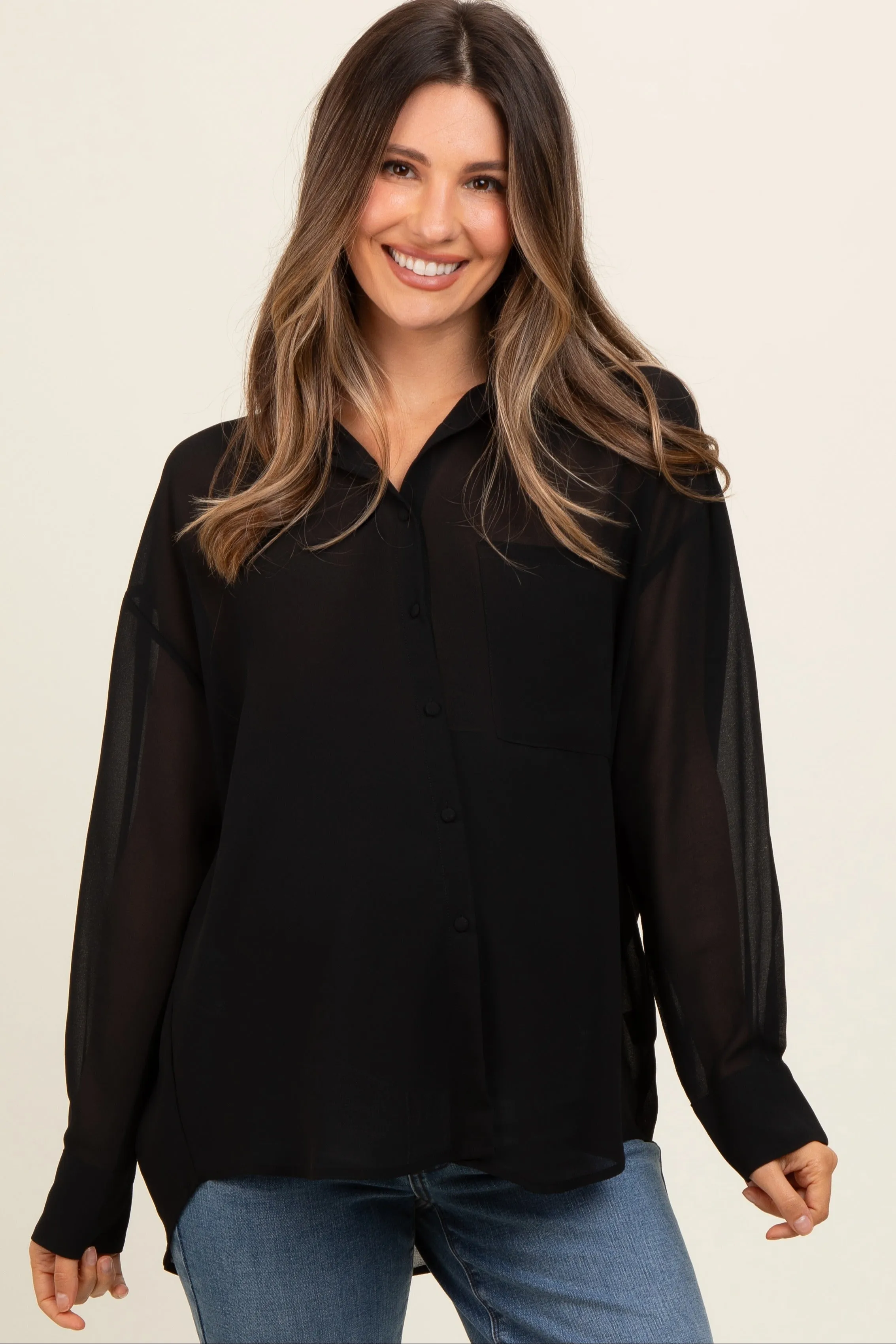 Black Sheer Button Down Maternity Blouse sold by Pinkblush