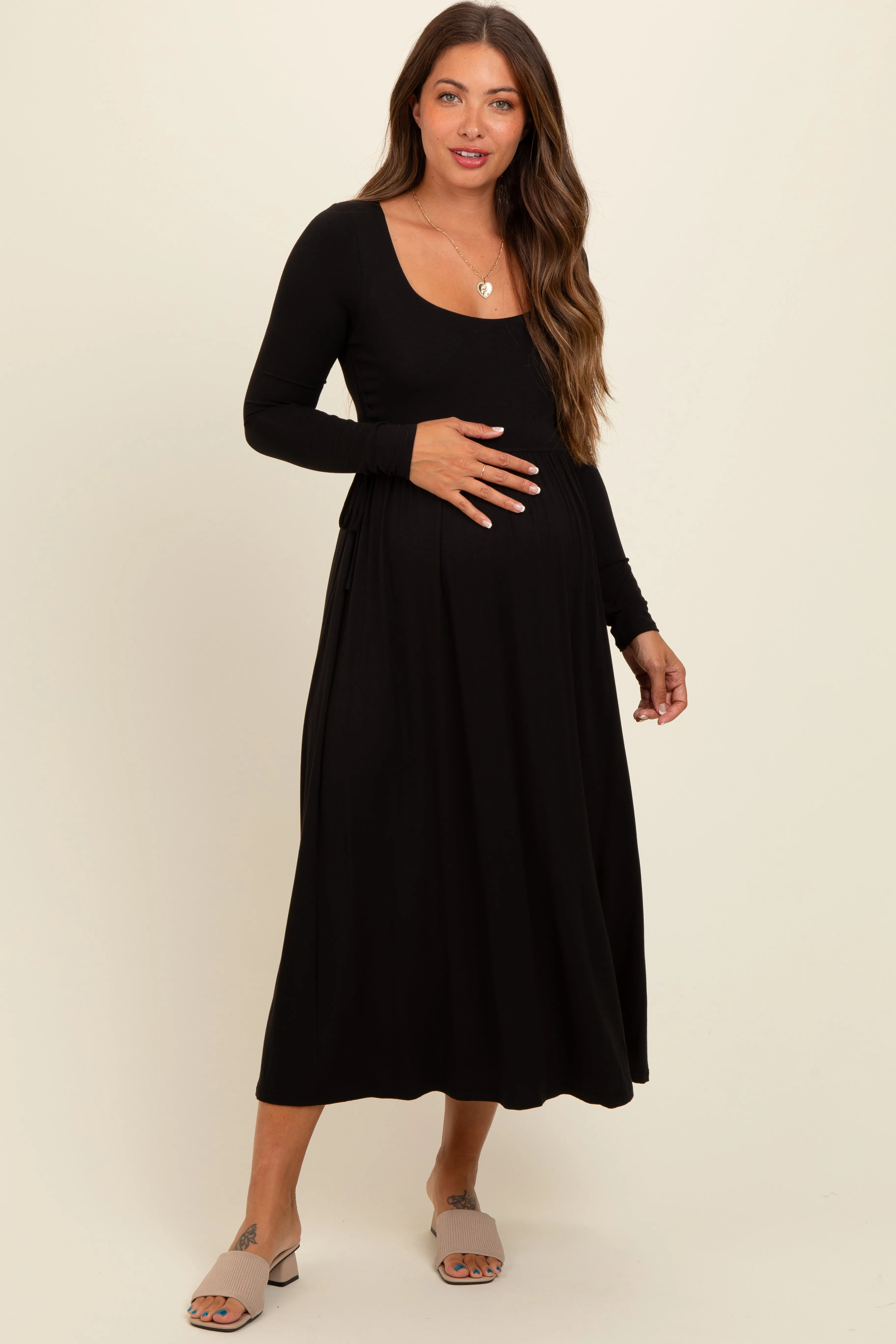Black Square Neck Long Sleeve Maternity Midi Dress sold by Pinkblush