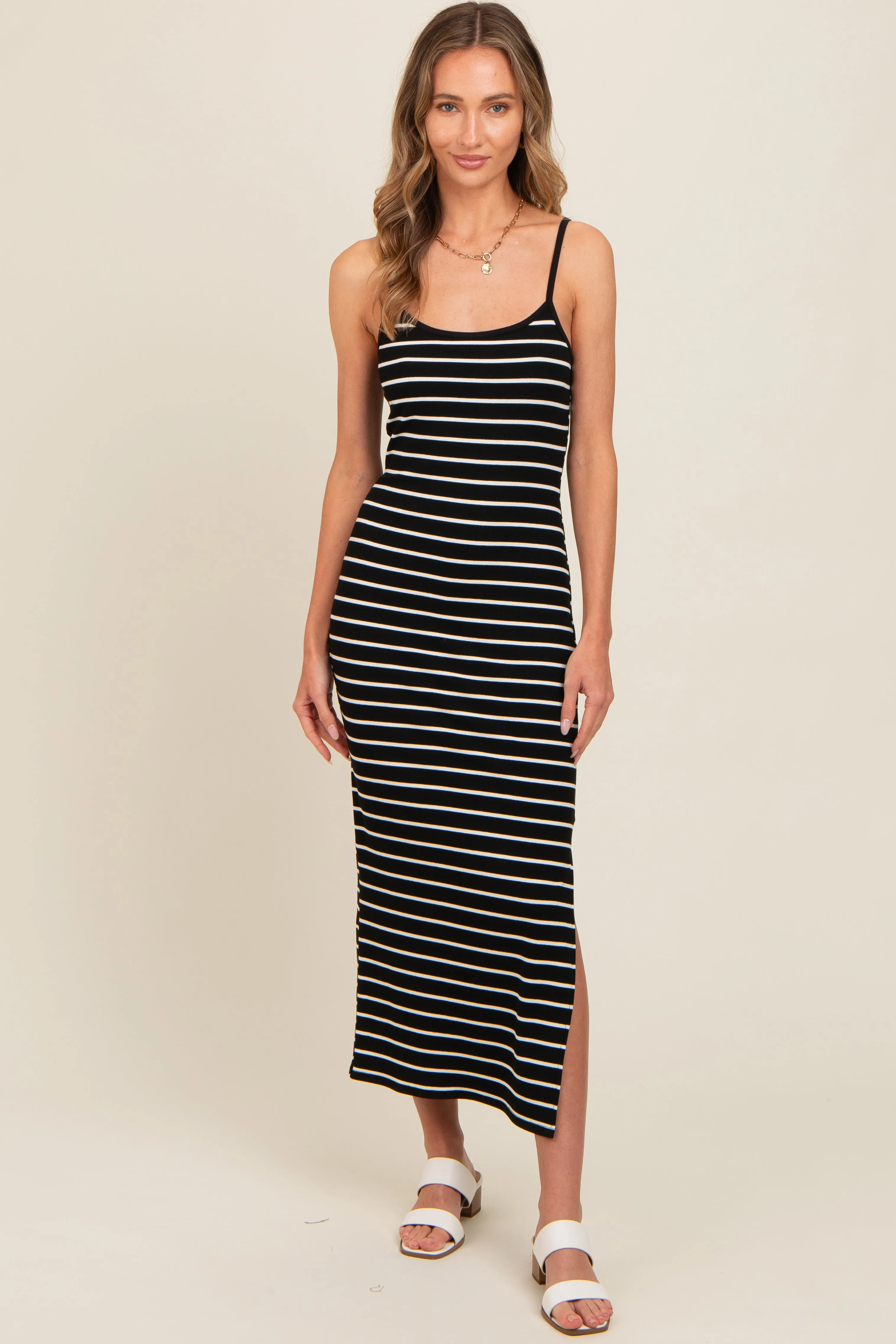 Black Striped Ribbed Adjustable Strap Body Con Dress sold by Pinkblush
