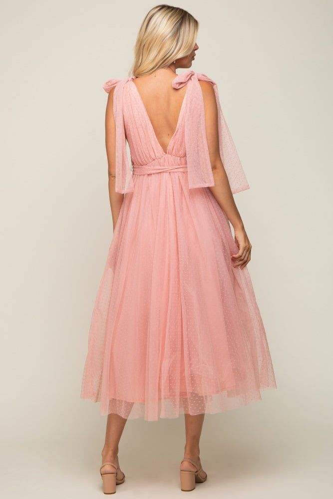 Pink Dotted Tulle Deep V-Neck Shoulder Tie Midi Dress sold by Pinkblush product image thumbnail 3